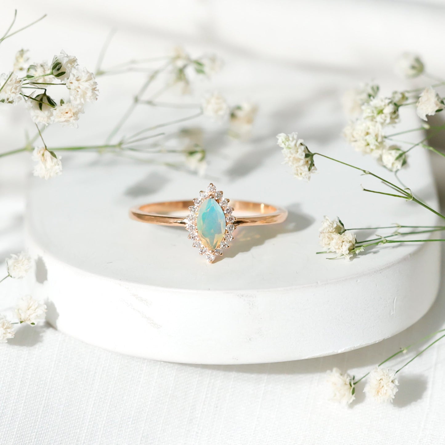 Ethiopian Opal 4x8mm Marquise Cut Engagement Ring with Diamond Halo