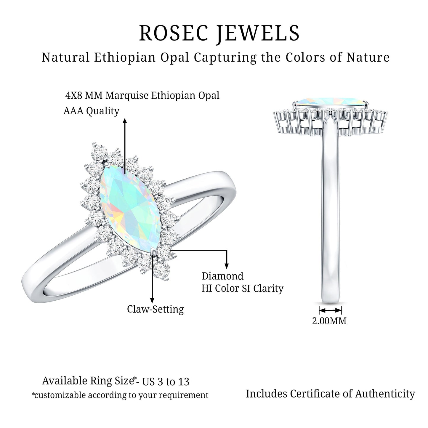 Ethiopian Opal 4x8mm Marquise Cut Engagement Ring with Diamond Halo