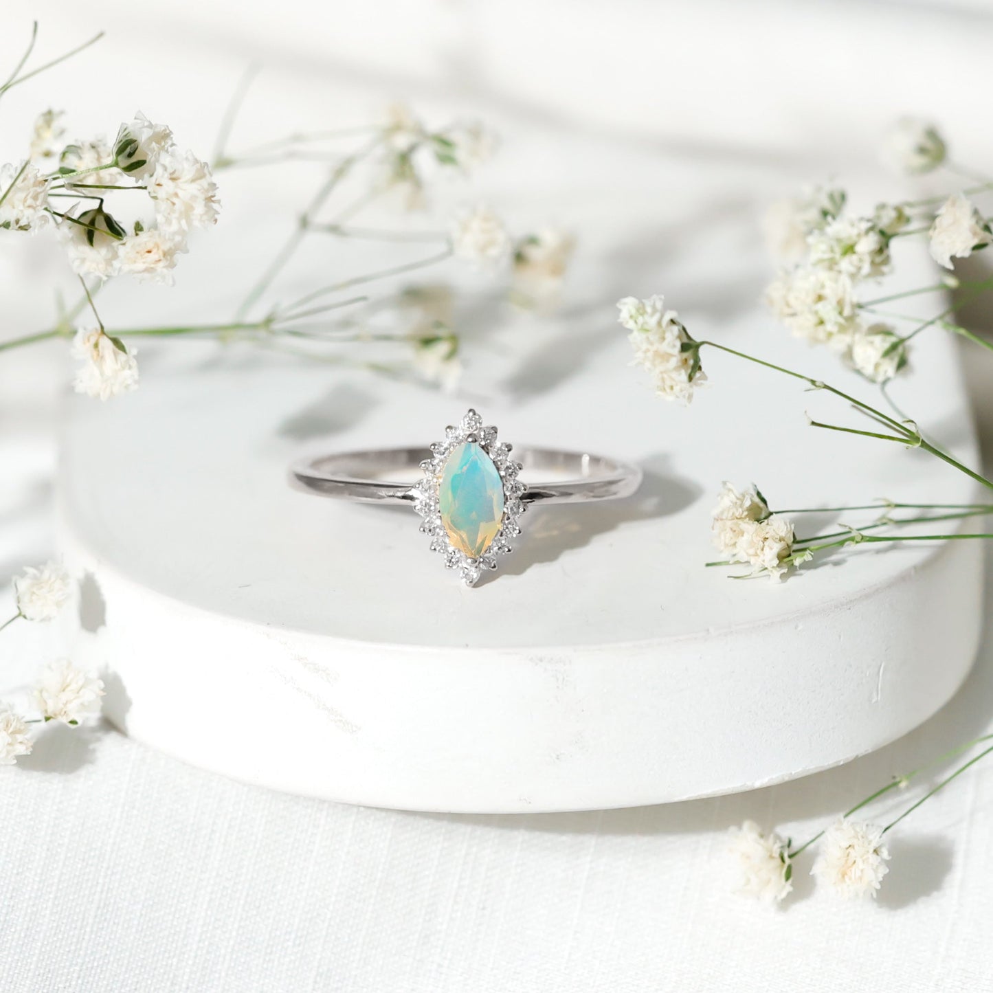 Ethiopian Opal 4x8mm Marquise Cut Engagement Ring with Diamond Halo