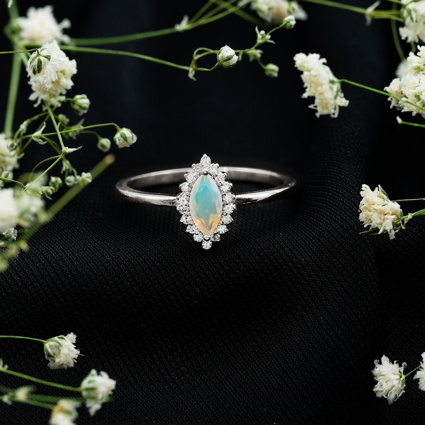 Ethiopian Opal 4x8mm Marquise Cut Engagement Ring with Diamond Halo