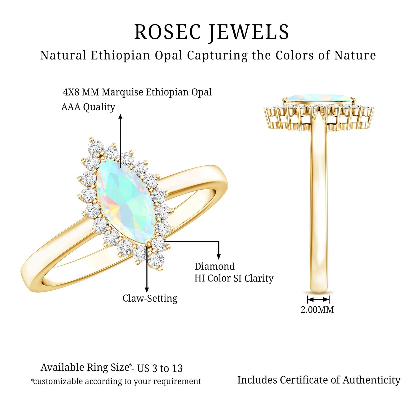Ethiopian Opal 4x8mm Marquise Cut Engagement Ring with Diamond Halo