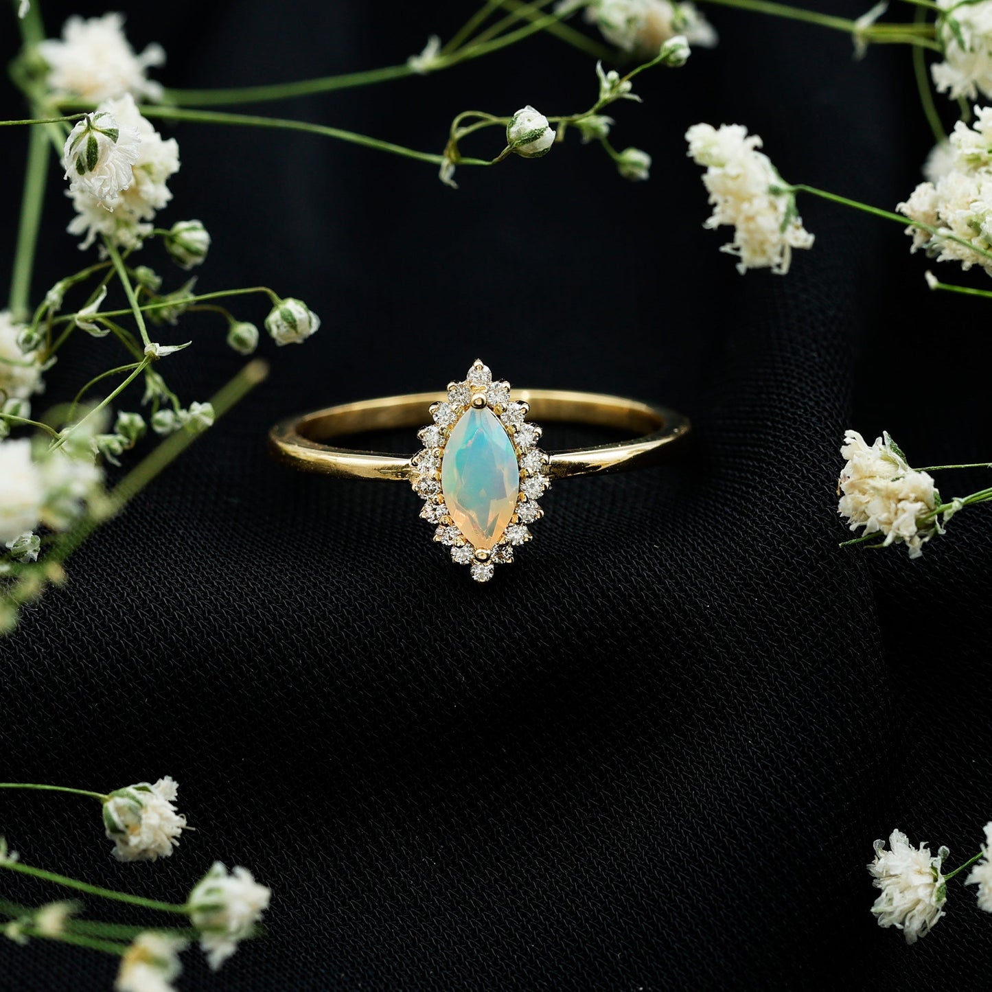 Ethiopian Opal 4x8mm Marquise Cut Engagement Ring with Diamond Halo