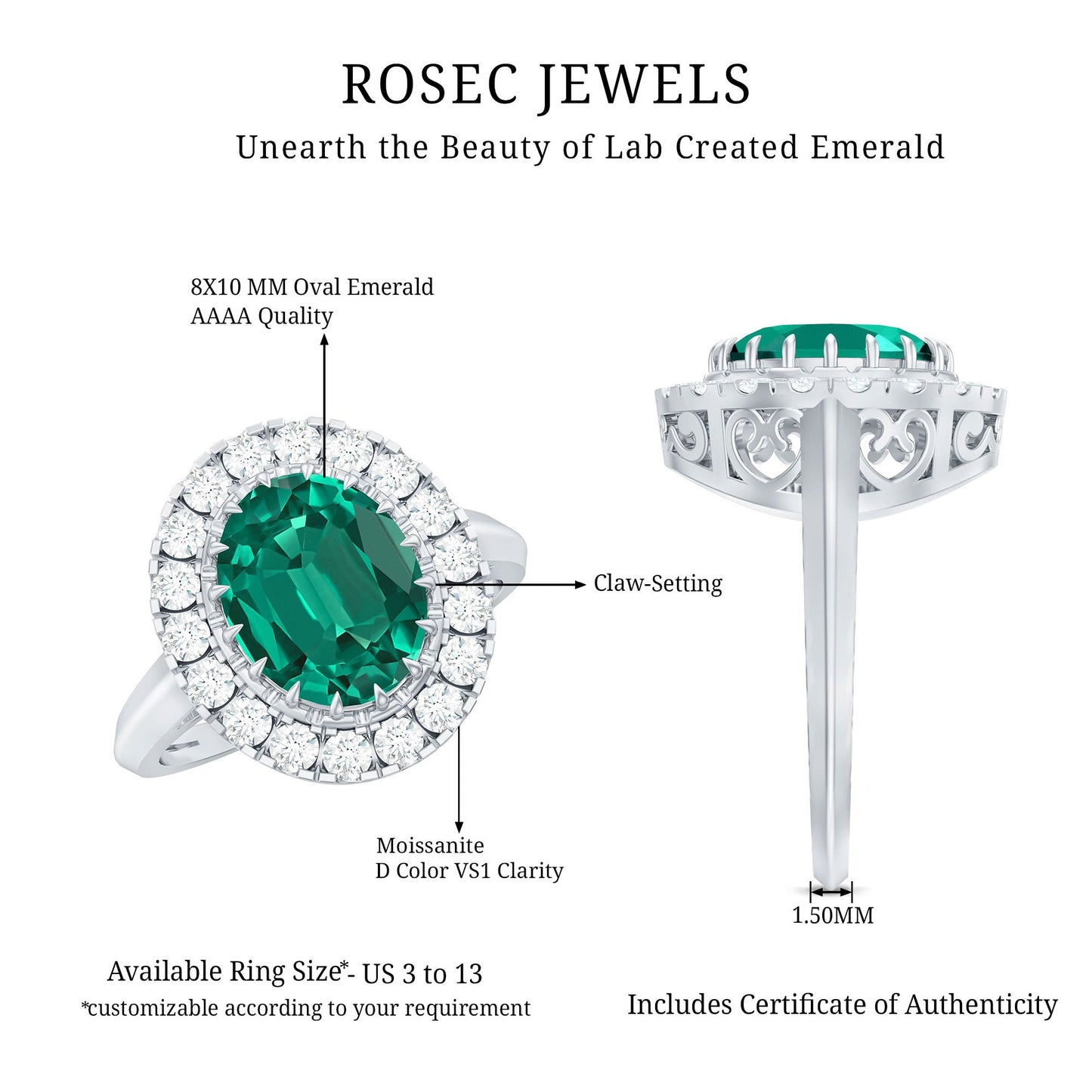 Certified 8X10 mm Oval Lab Grown Emerald Vintage Looking Engagement Ring with Halo