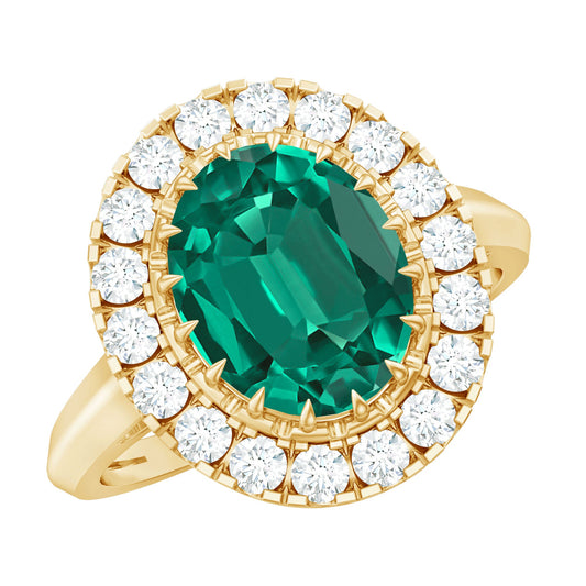 Certified 8X10 mm Oval Lab Grown Emerald Vintage Looking Engagement Ring with Halo