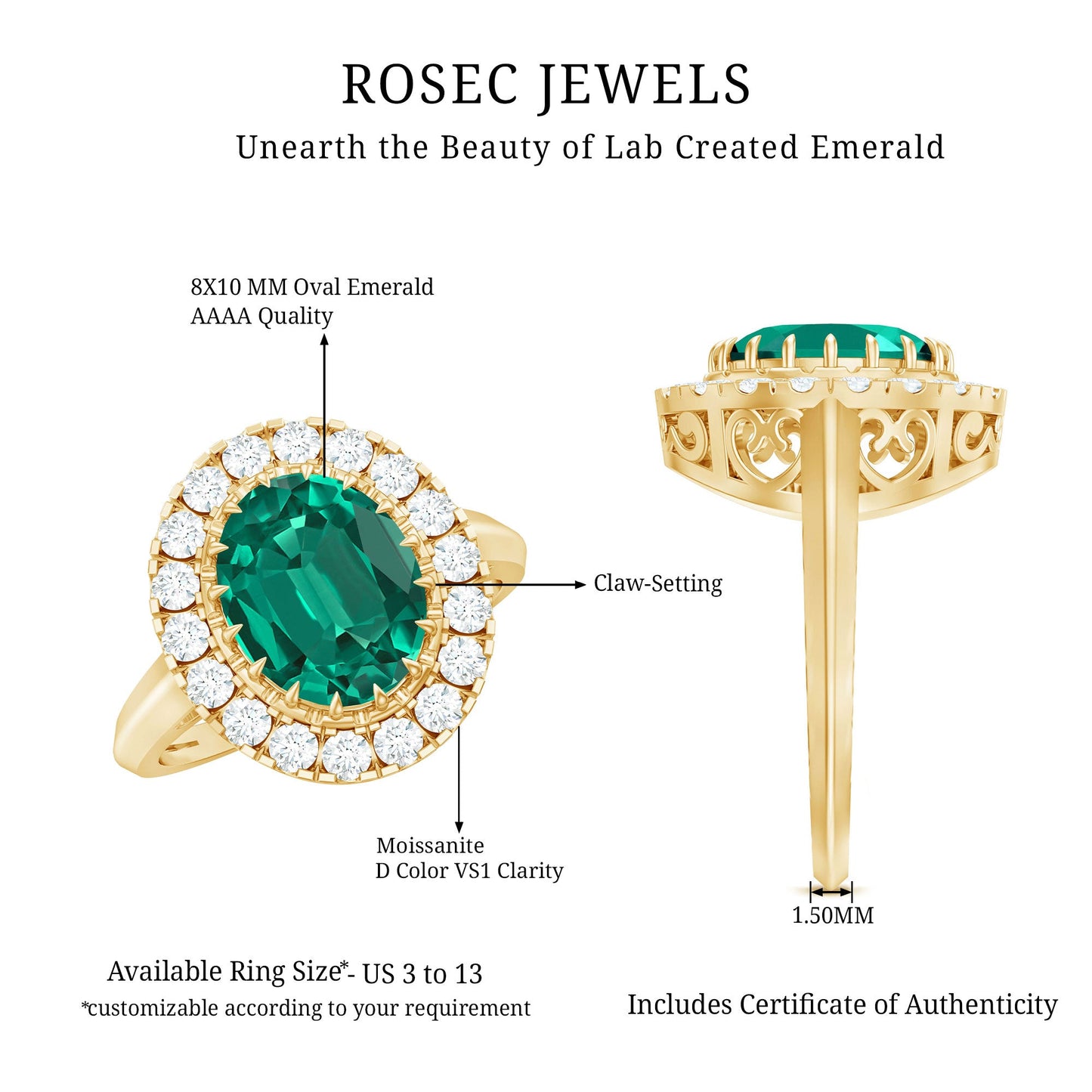 Certified 8X10 mm Oval Lab Grown Emerald Vintage Looking Engagement Ring with Halo