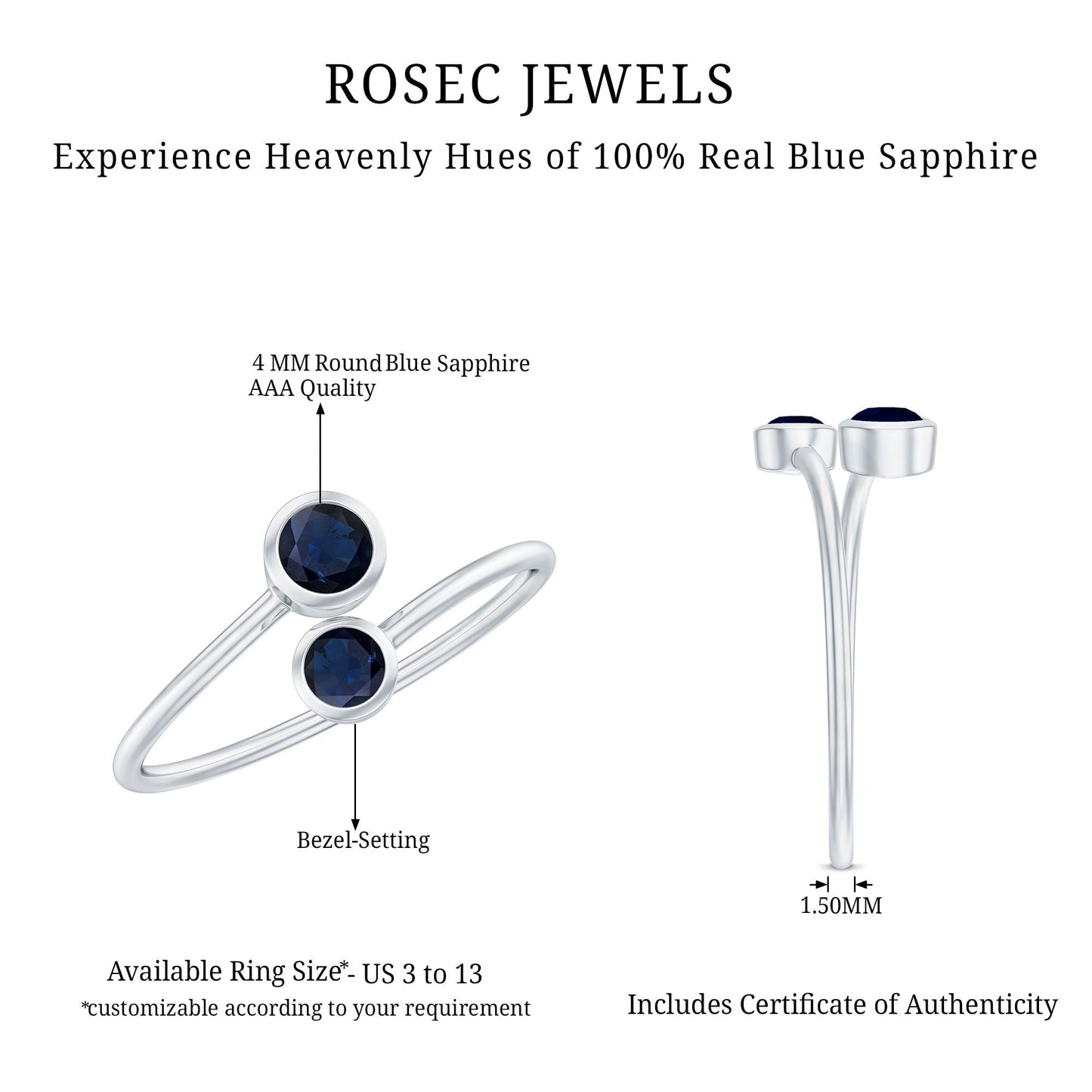 1/2 CT Bezel Set Blue Sapphire Two Stone Promise Ring