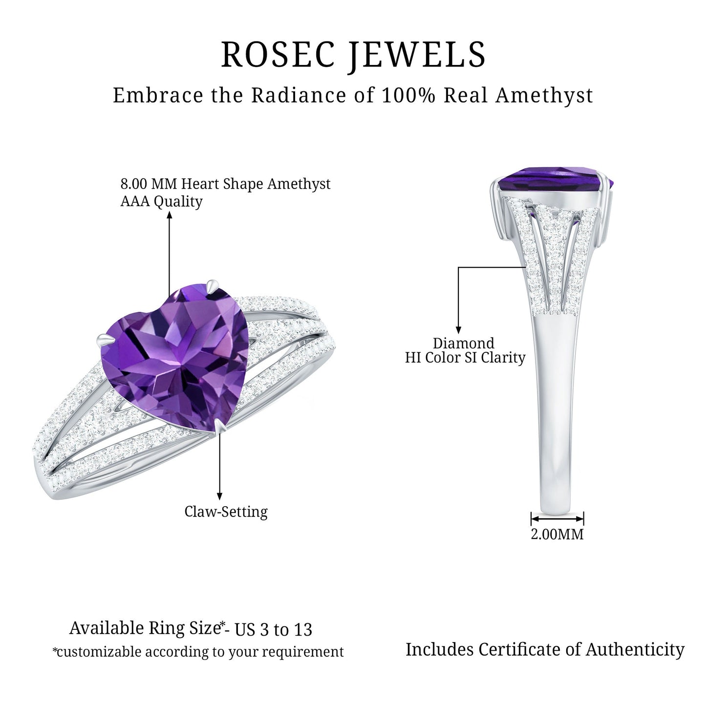 Heart Shape Solitaire Amethyst Designer Engagement Ring with Diamond
