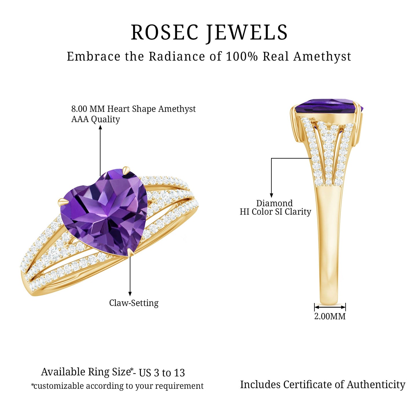 Heart Shape Solitaire Amethyst Designer Engagement Ring with Diamond