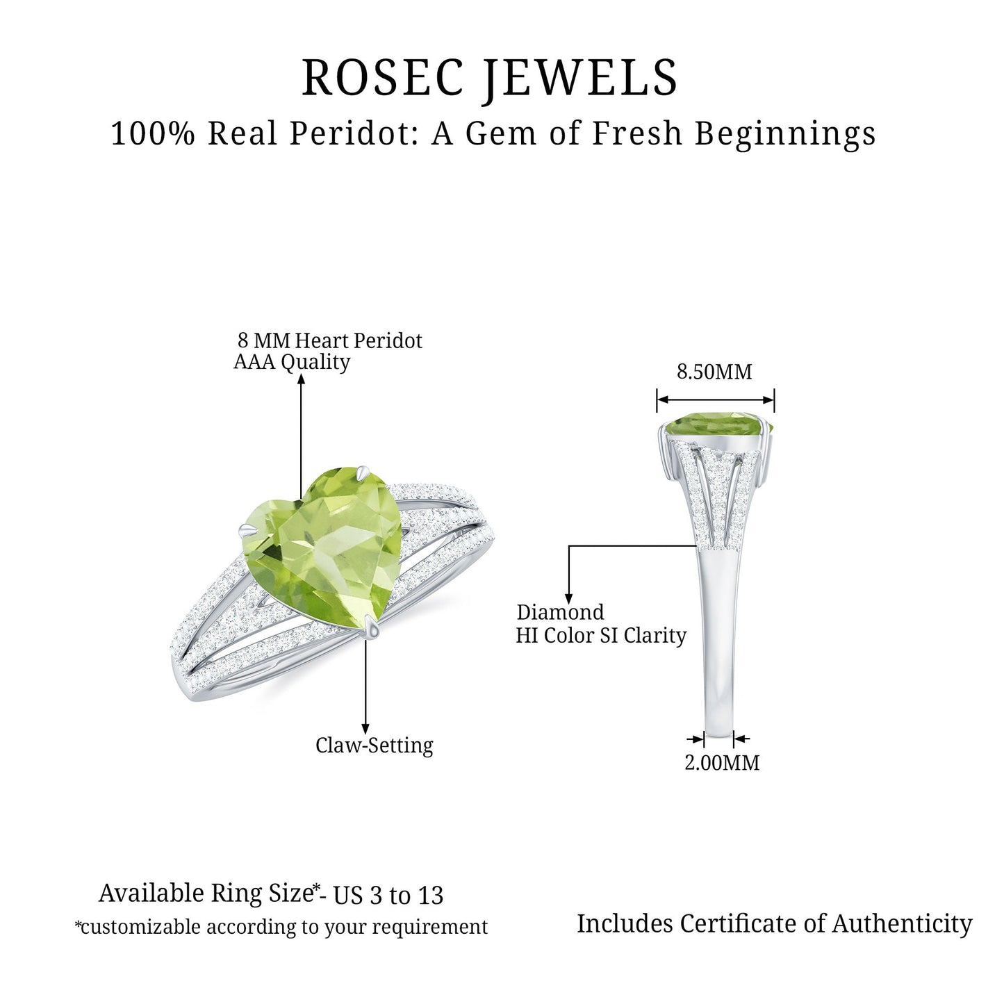 Natural 2 Carat Peridot Heart Engagement Ring with Diamond