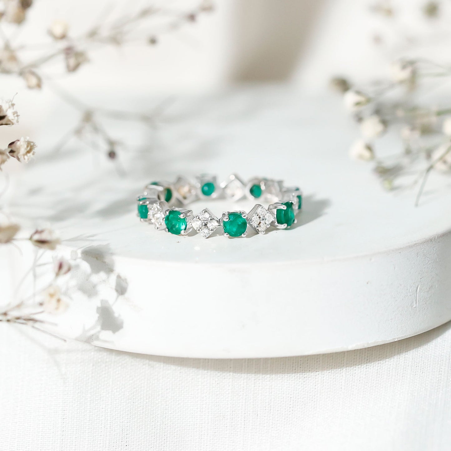 Genuine Emerald and Diamond Eternity Wedding Band
