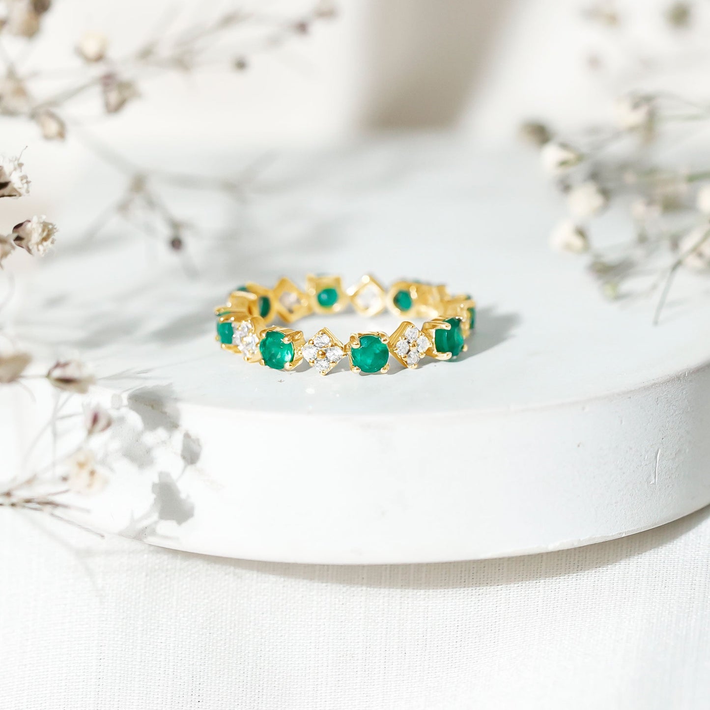 Genuine Emerald and Diamond Eternity Wedding Band