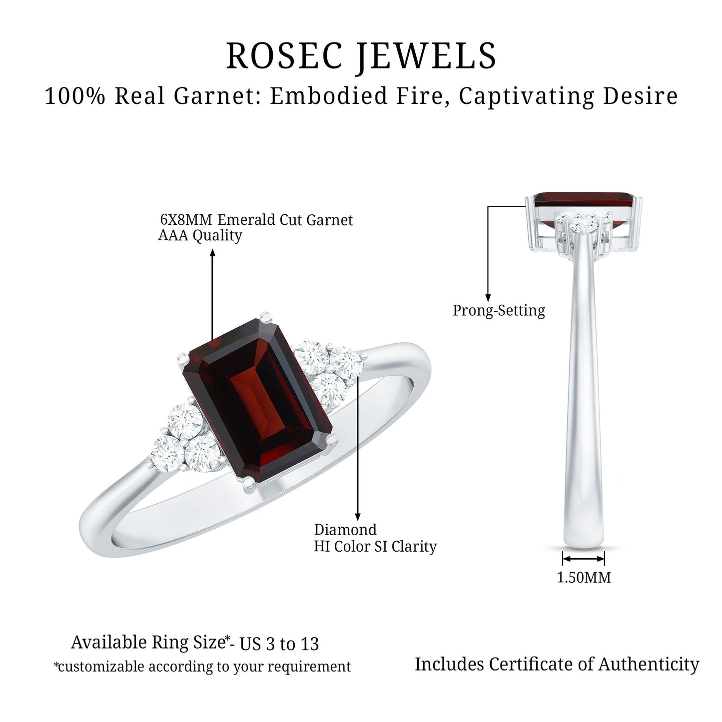 Natural Garnet Emerald Cut Engagement Ring with Diamond Trio
