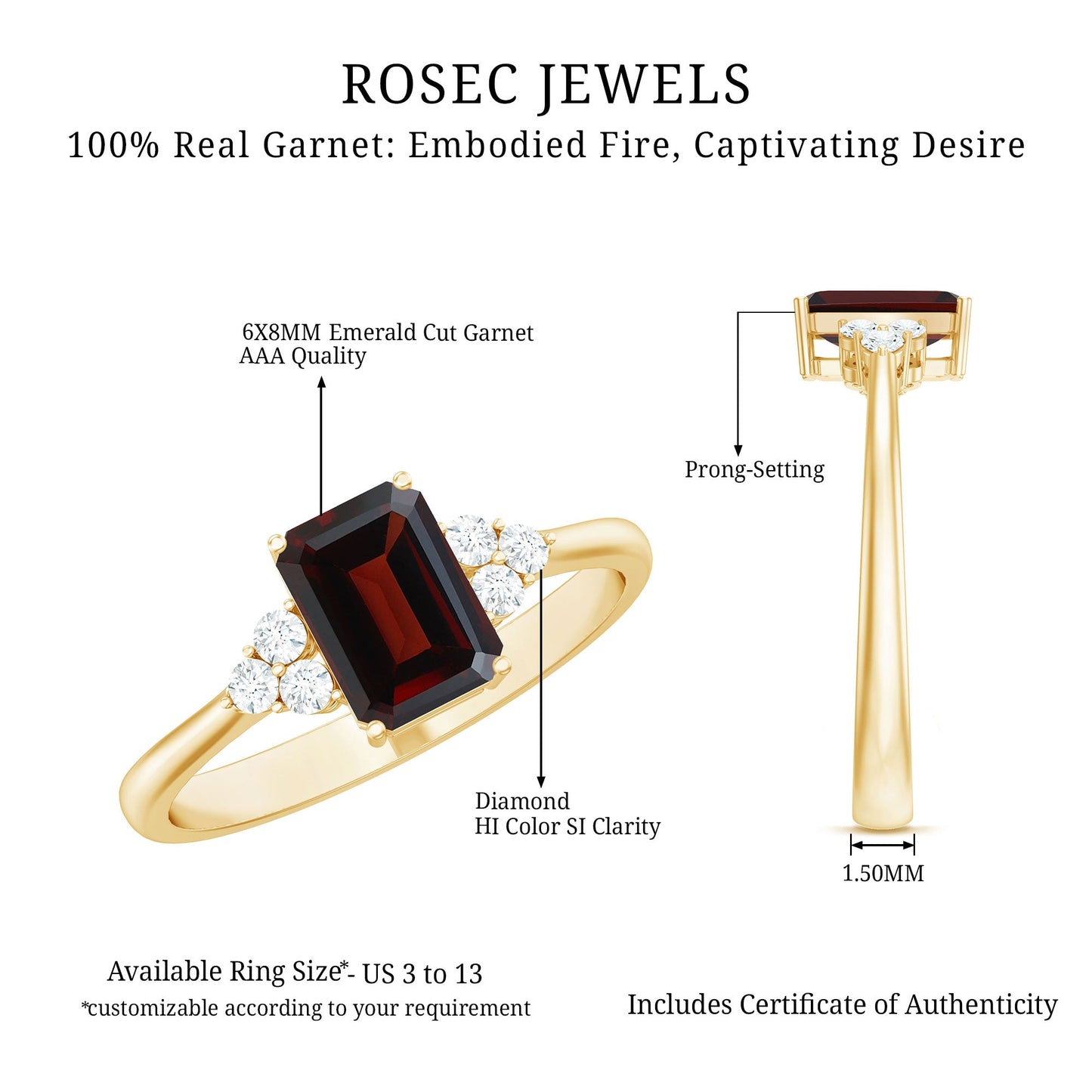 Natural Garnet Emerald Cut Engagement Ring with Diamond Trio