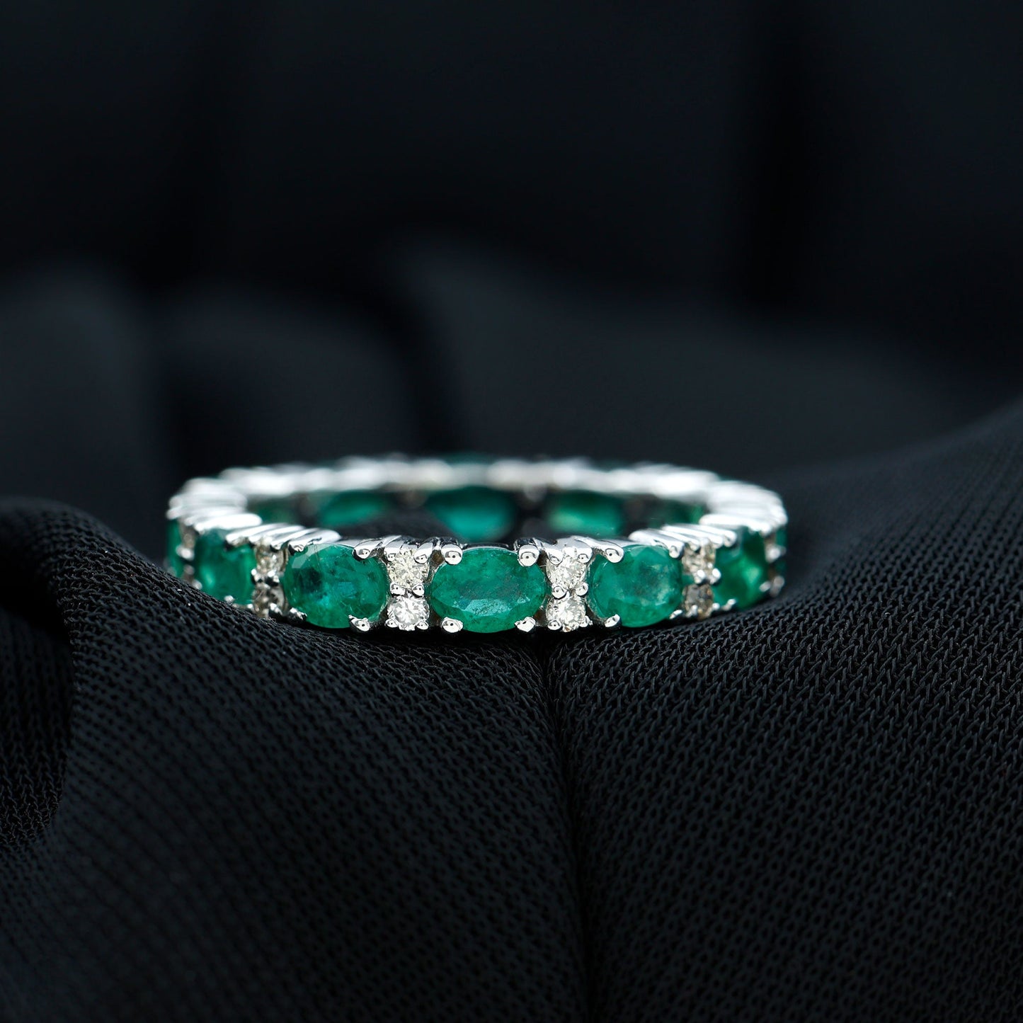 Oval Cut Real Emerald Eternity Band Ring with Diamond