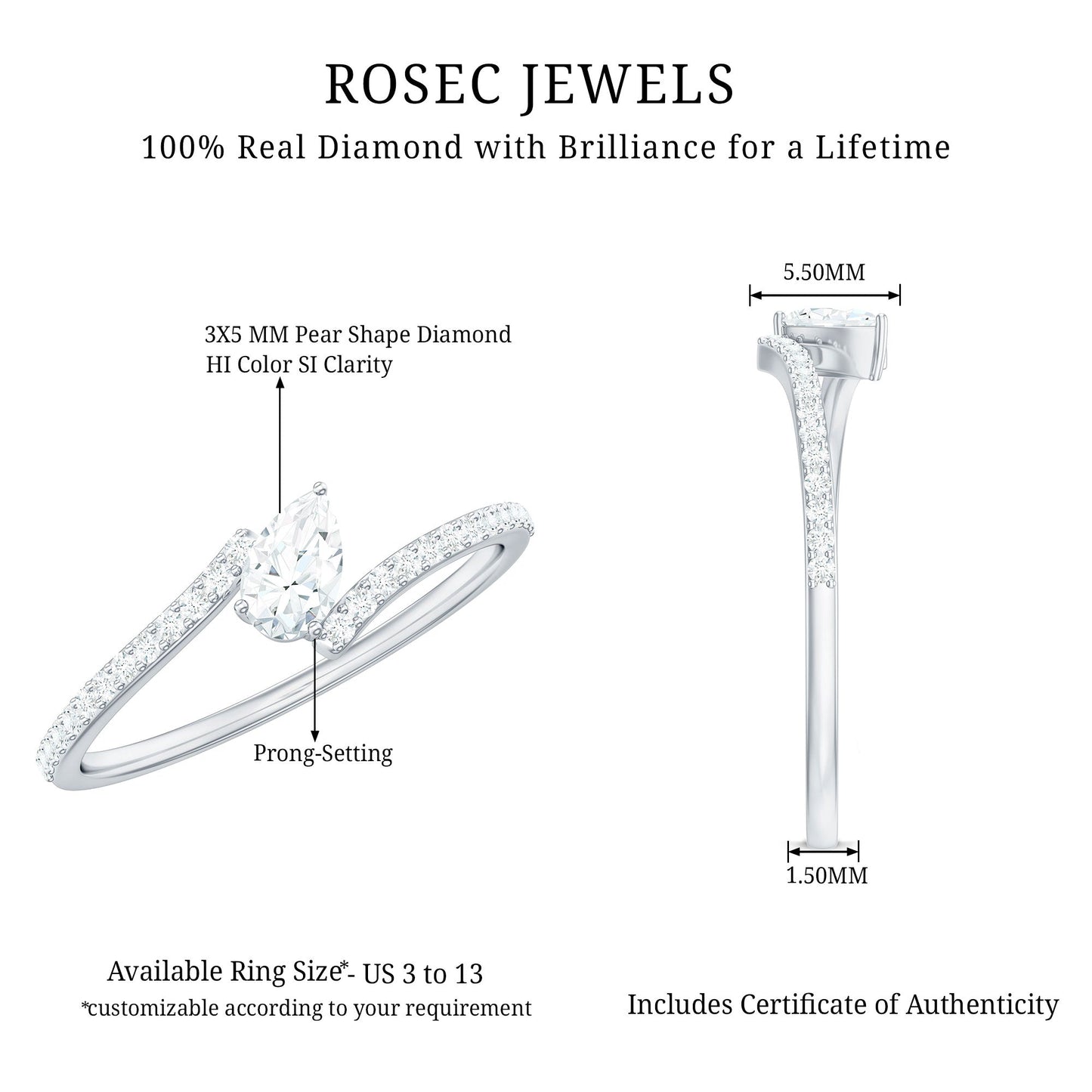 Certified Natural Diamond Promise Ring with Bypass Shank