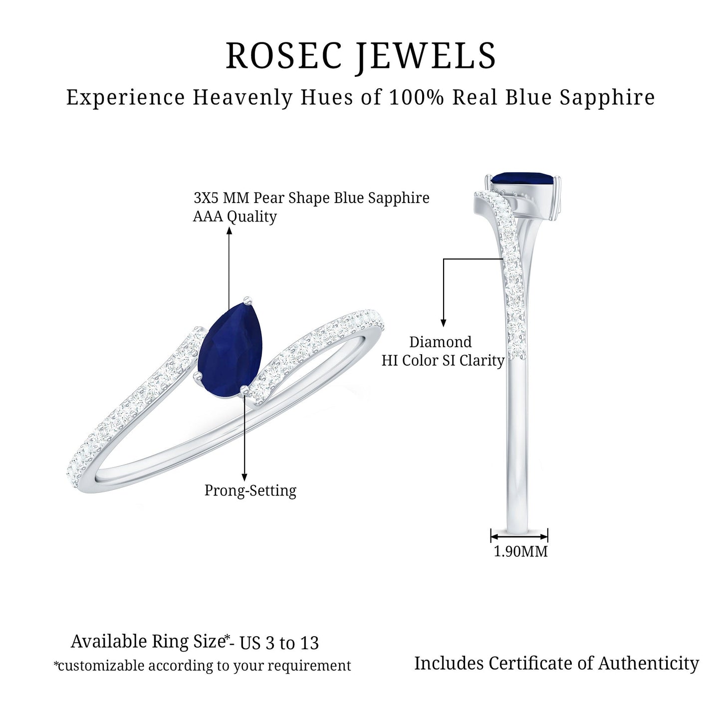 Tilted Pear Cut Blue Sapphire Solitaire Bypass Ring with Diamond