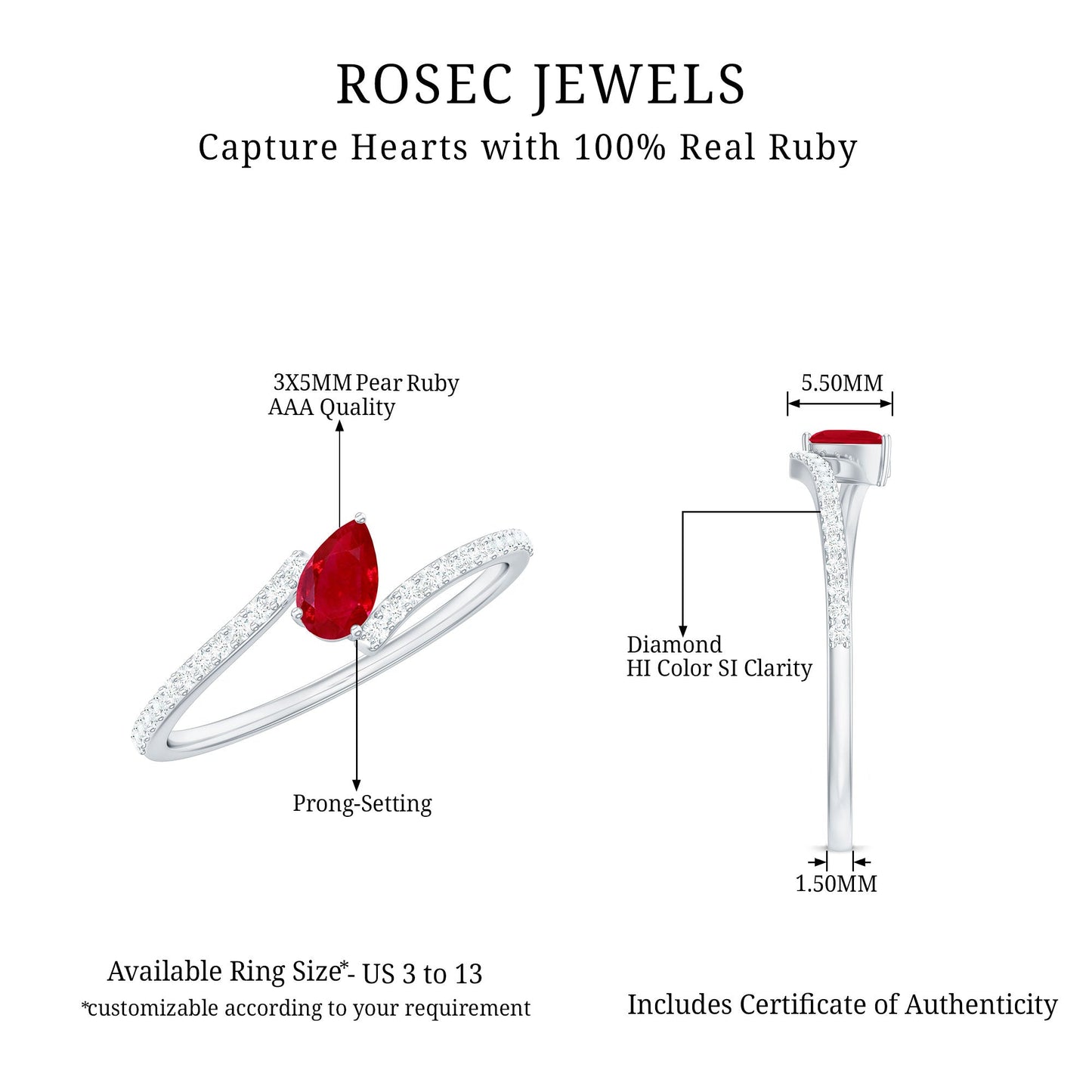 Tilted Pear Shape Ruby and Diamond Bypass Promise Ring
