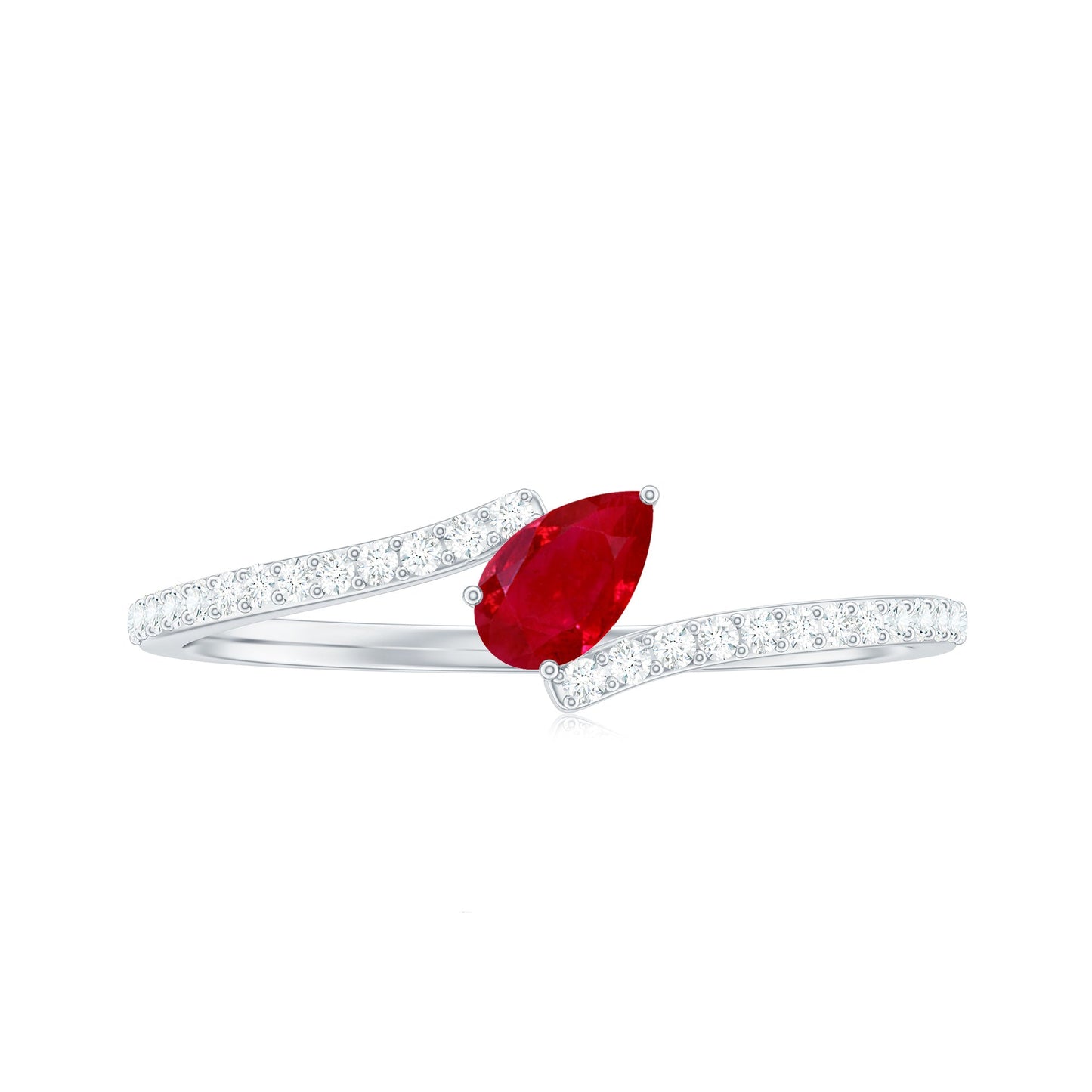Tilted Pear Shape Ruby and Diamond Bypass Promise Ring