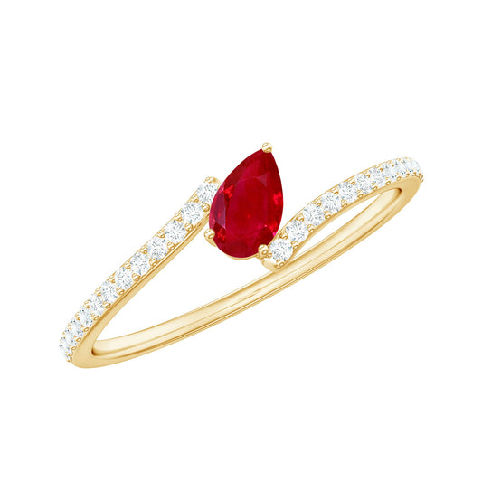 Tilted Pear Shape Ruby and Diamond Bypass Promise Ring