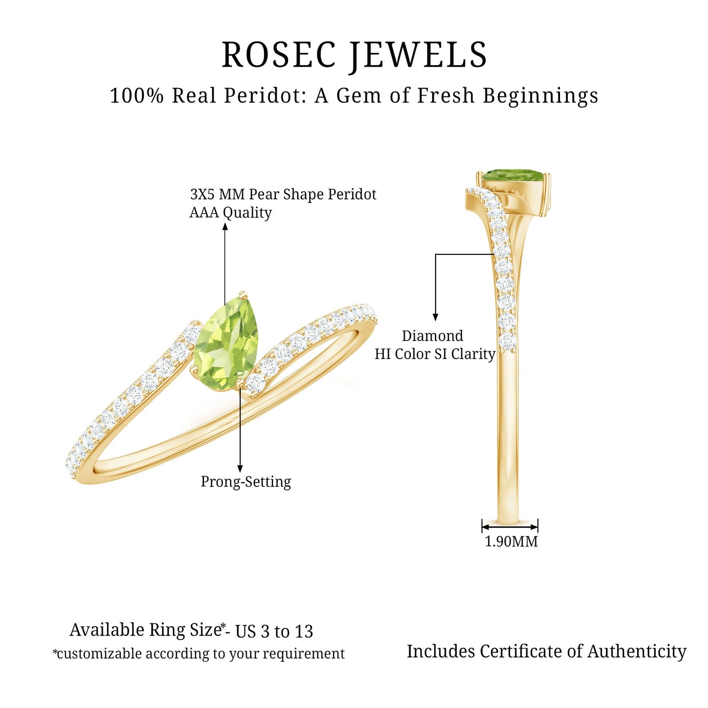 Natural Pear Shape Peridot Promise Ring with Bypass Diamond
