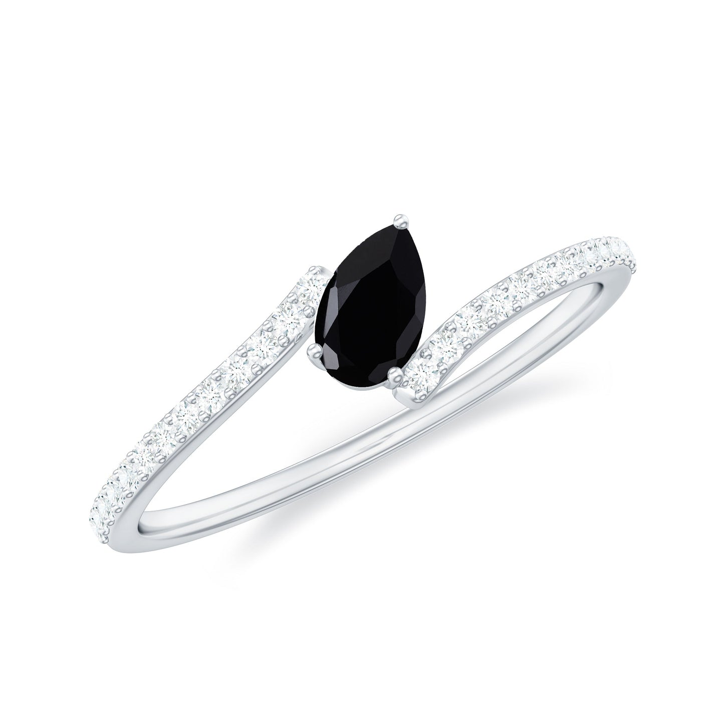 3X5mm Pear Cut Black Onyx Solitaire Promise Ring with Diamond Bypass Shank