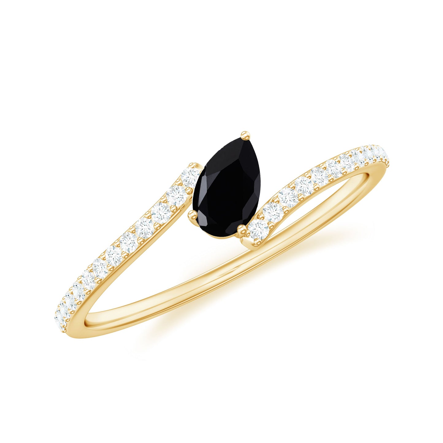 3X5mm Pear Cut Black Onyx Solitaire Promise Ring with Diamond Bypass Shank