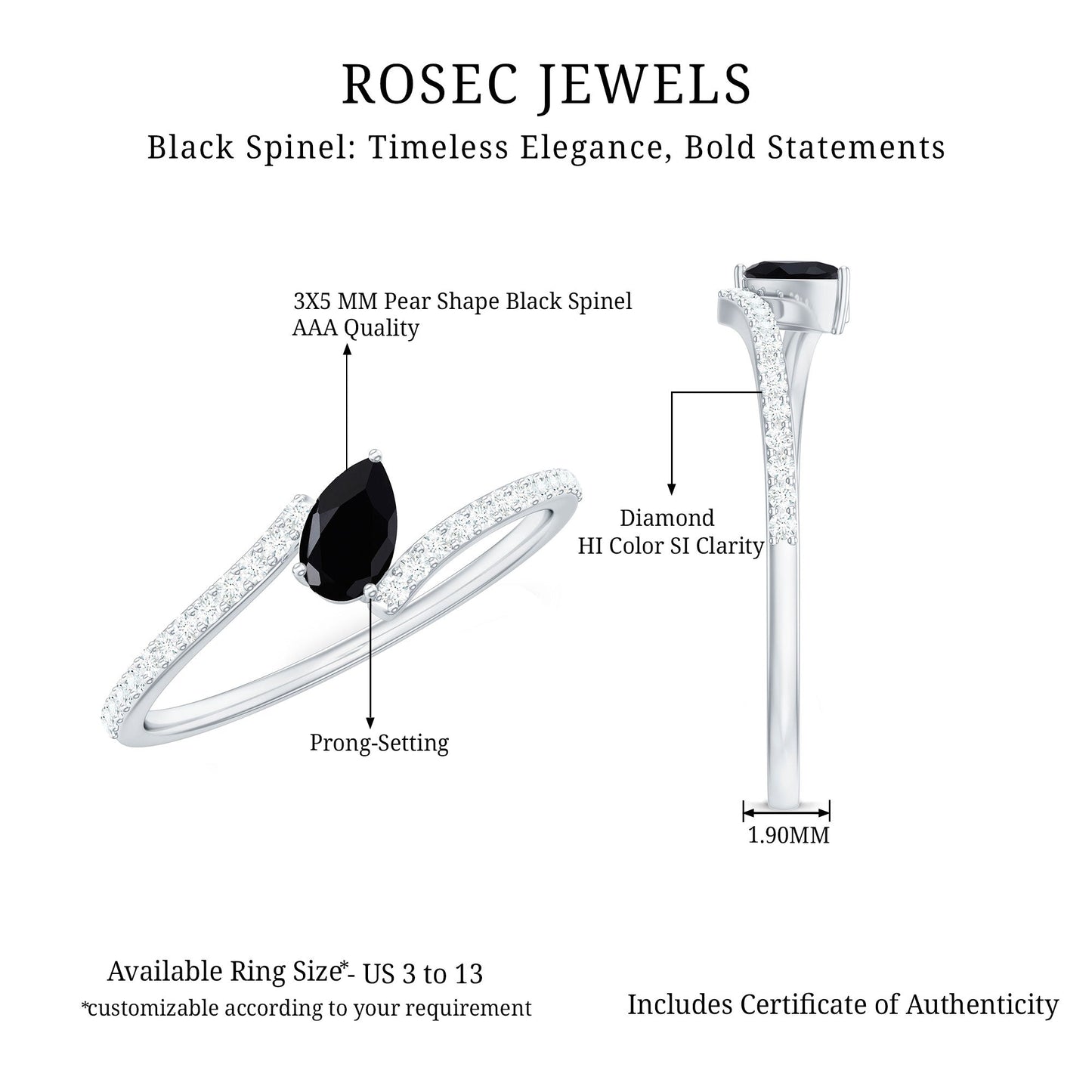 Real Black Spinel Promise Ring with Diamond Bypass Shank