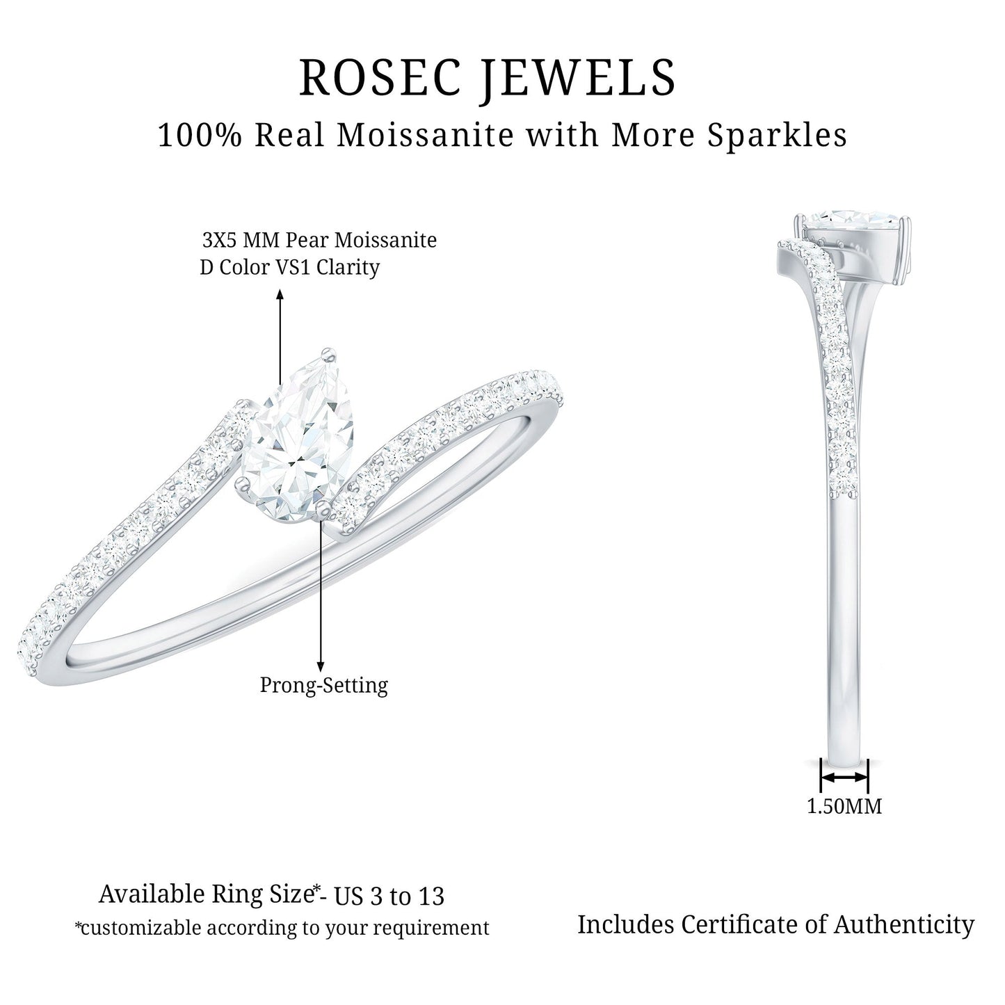 Pear Shaped Moissanite Bypass Promise Ring for Her