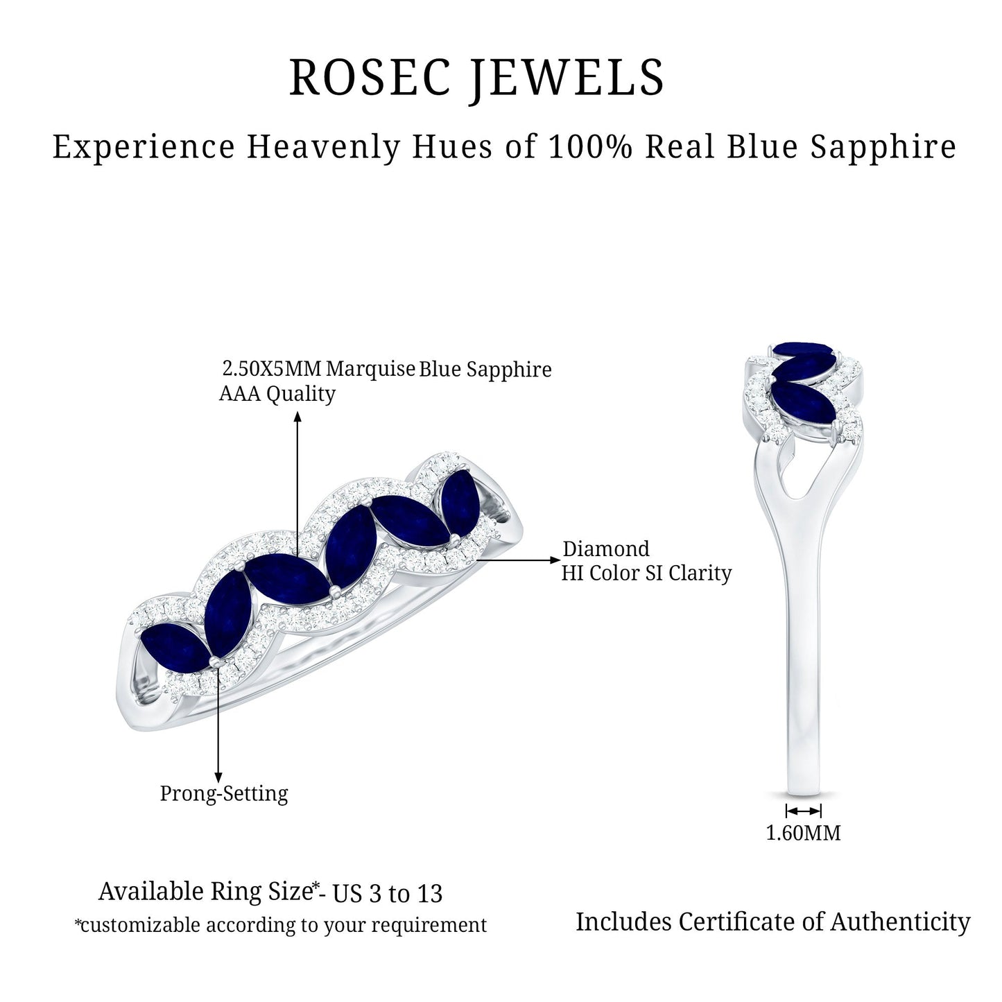 1 CT Minimal Marquise Cut Blue Sapphire Anniversary Ring with Diamond Accent