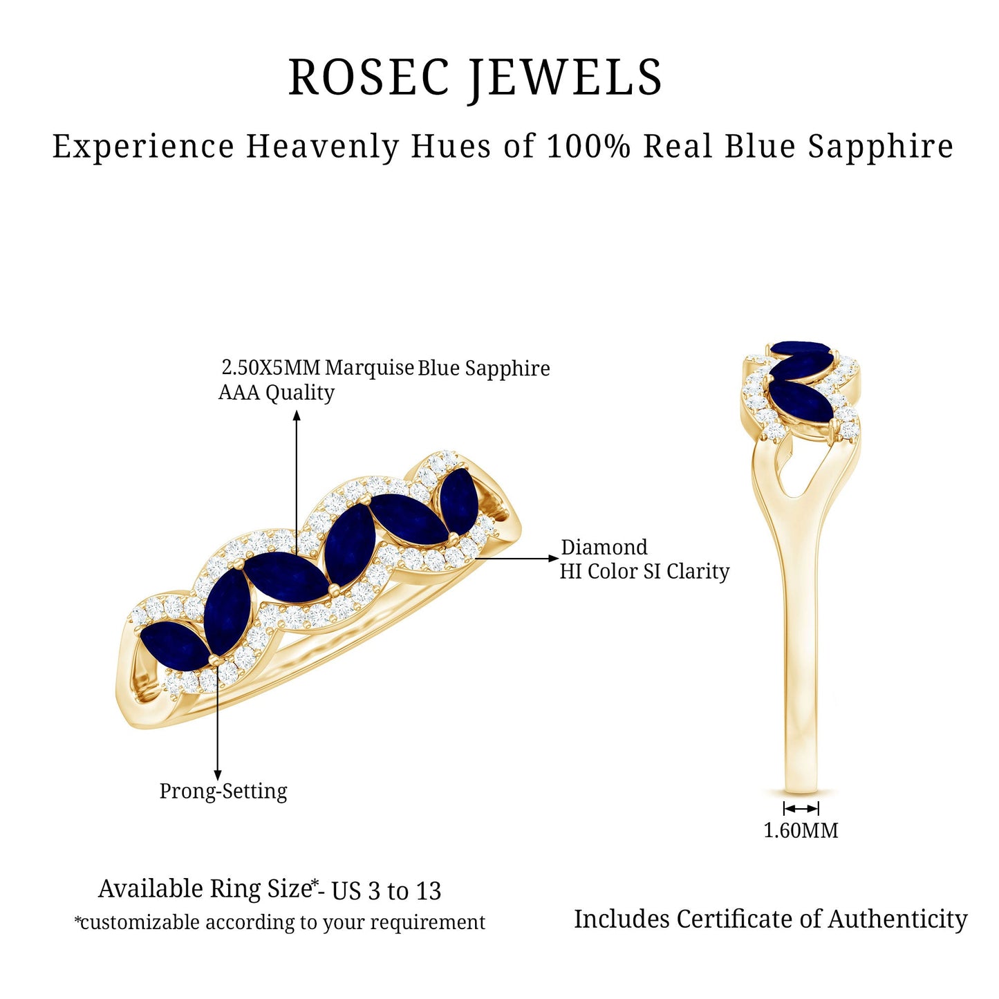 1 CT Minimal Marquise Cut Blue Sapphire Anniversary Ring with Diamond Accent