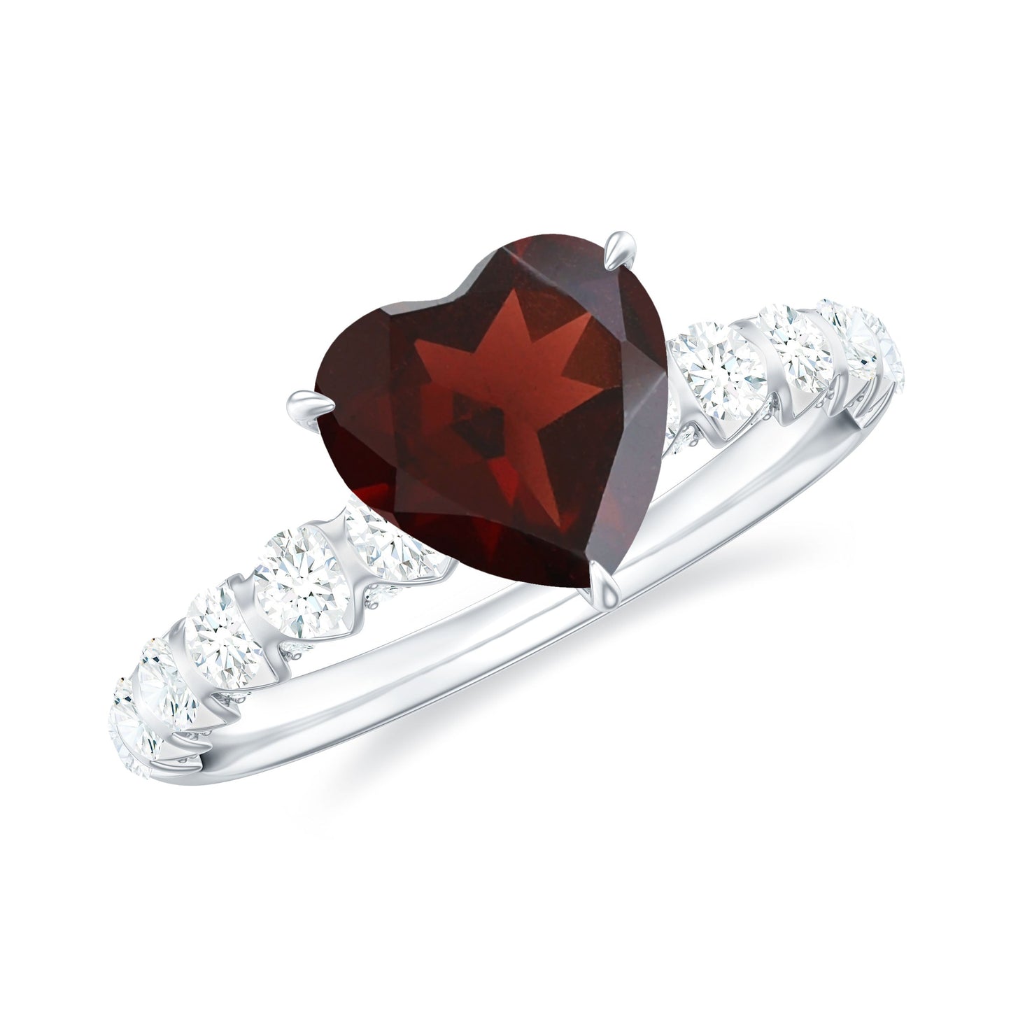 Natural 8mm Garnet Heart Engagement Ring with Diamond Side Stones