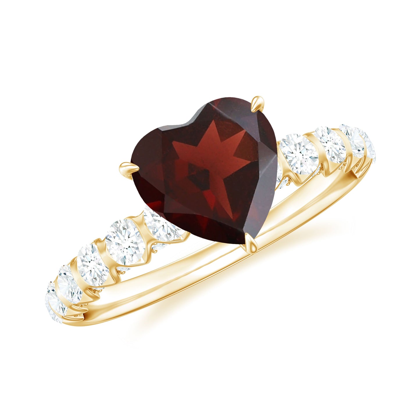 Natural 8mm Garnet Heart Engagement Ring with Diamond Side Stones