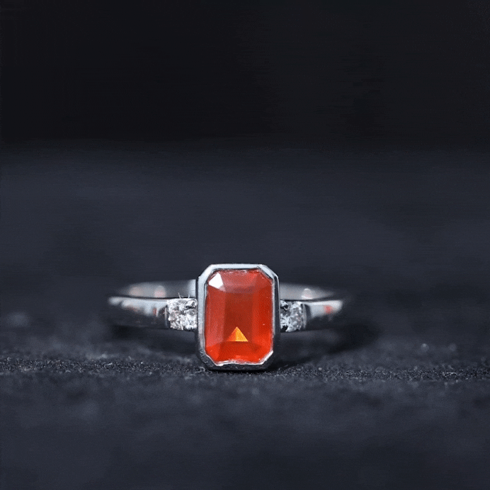 6X8 MM Fire Opal Emerald Cut Engagement Ring with Diamond
