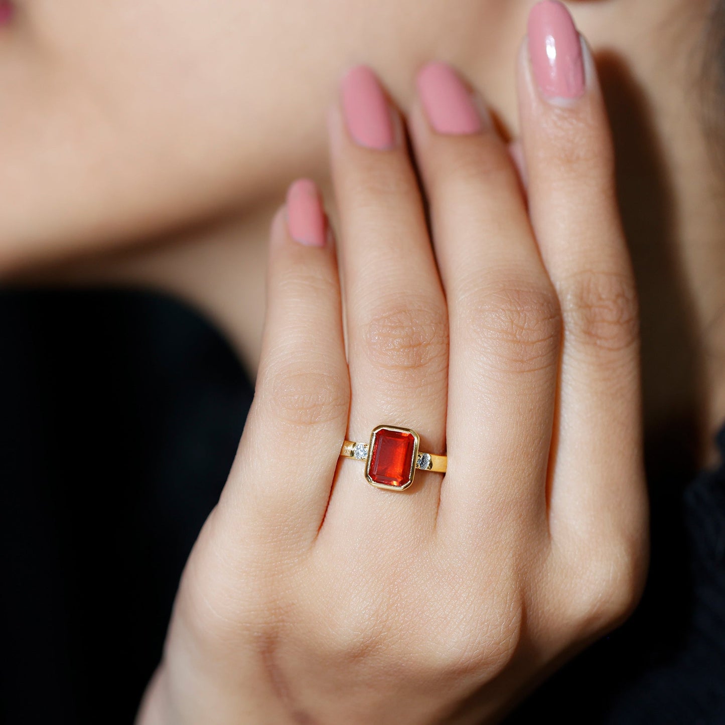6X8 MM Fire Opal Emerald Cut Engagement Ring with Diamond
