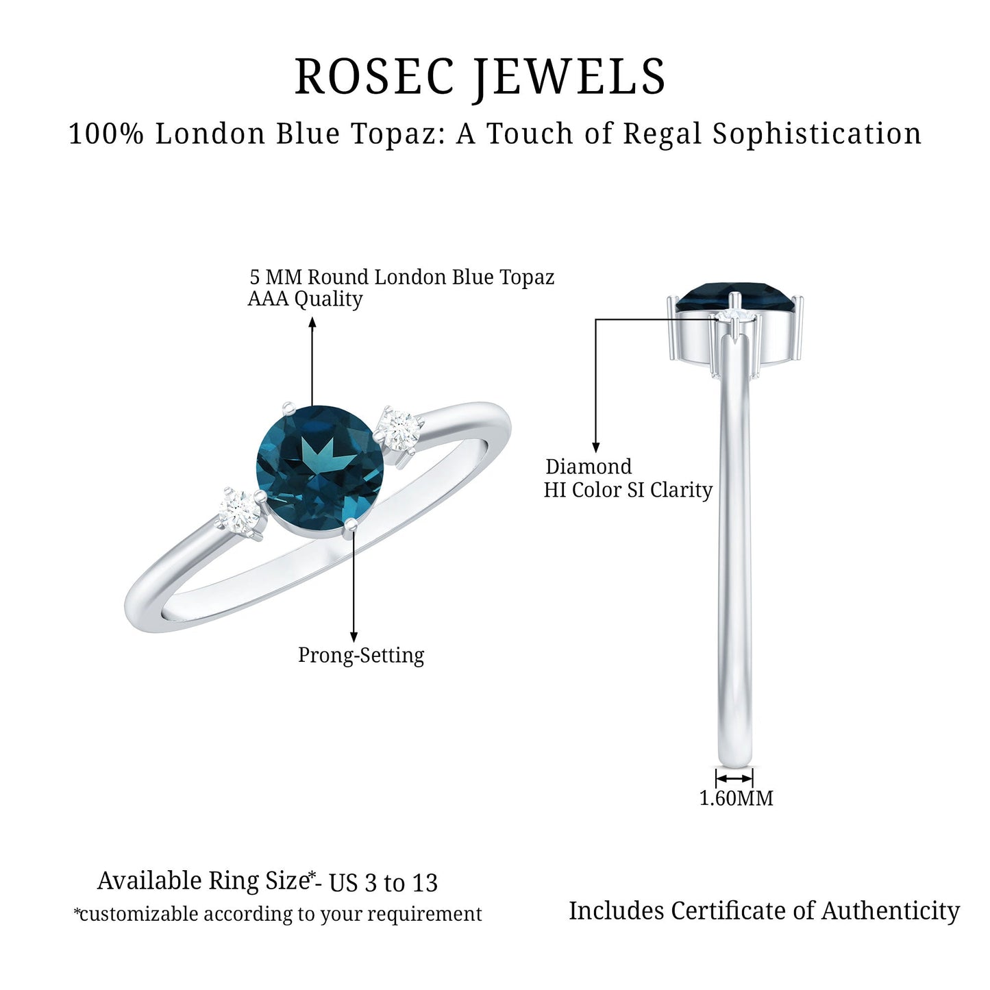 5mm Round London Blue Topaz Minimal Promise Ring with Diamond