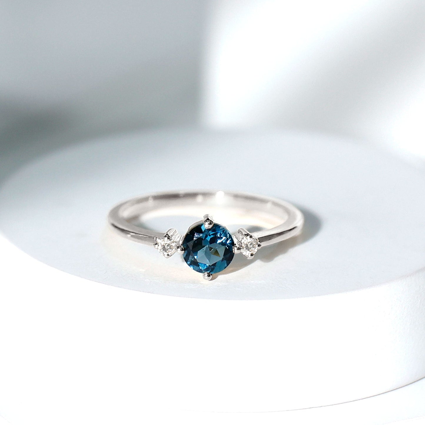 5mm Round London Blue Topaz Minimal Promise Ring with Diamond