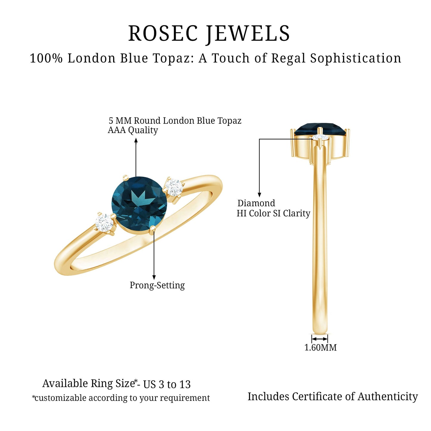 5mm Round London Blue Topaz Minimal Promise Ring with Diamond