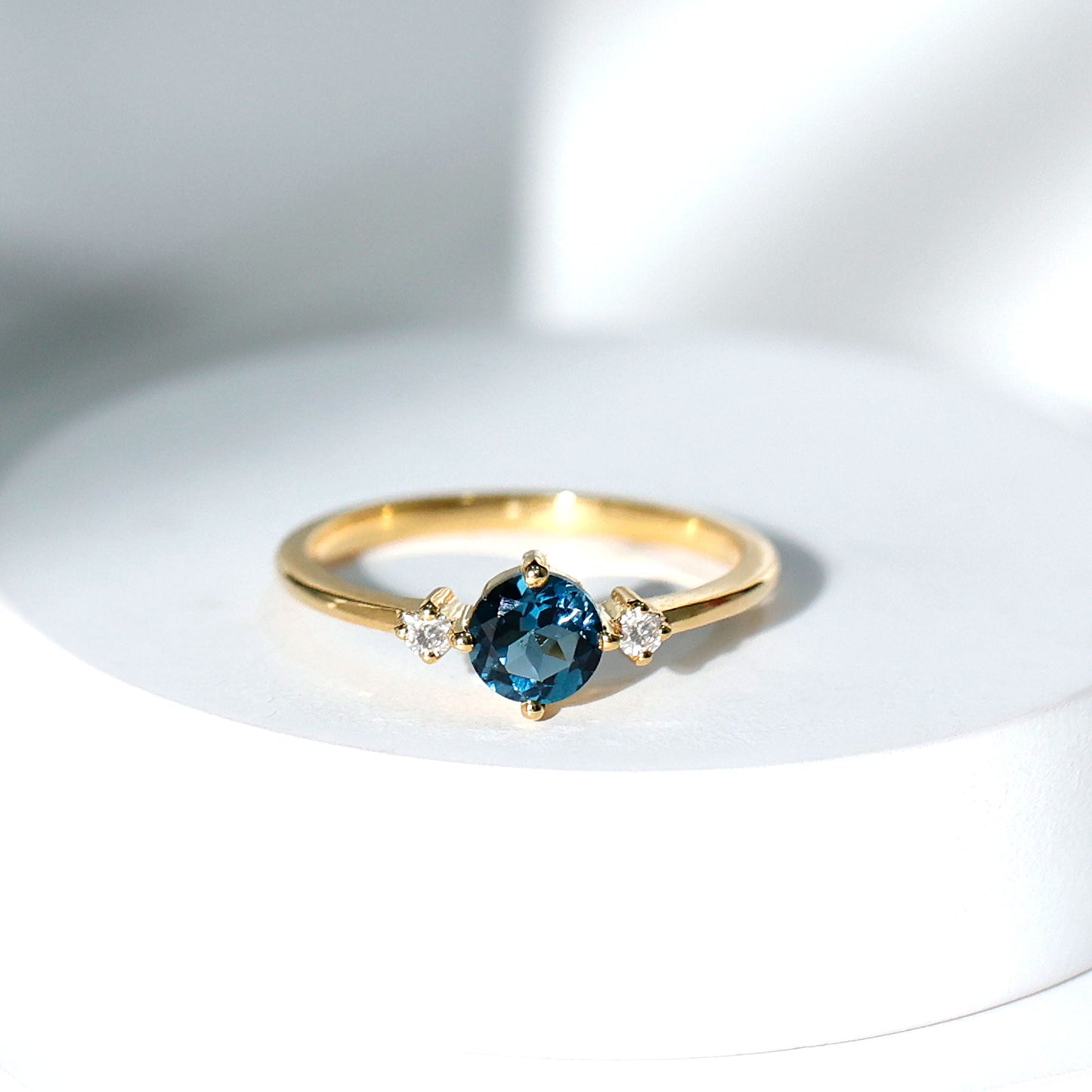 5mm Round London Blue Topaz Minimal Promise Ring with Diamond