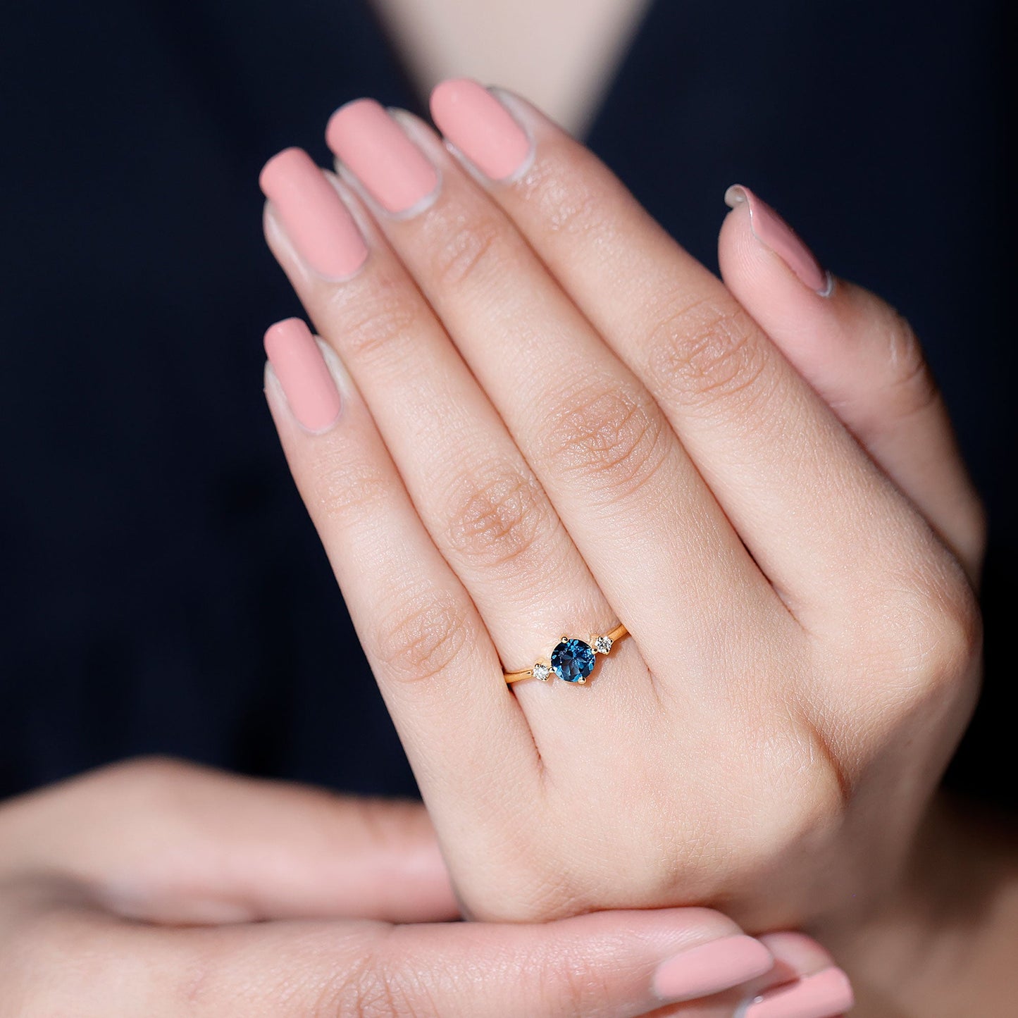 5mm Round London Blue Topaz Minimal Promise Ring with Diamond