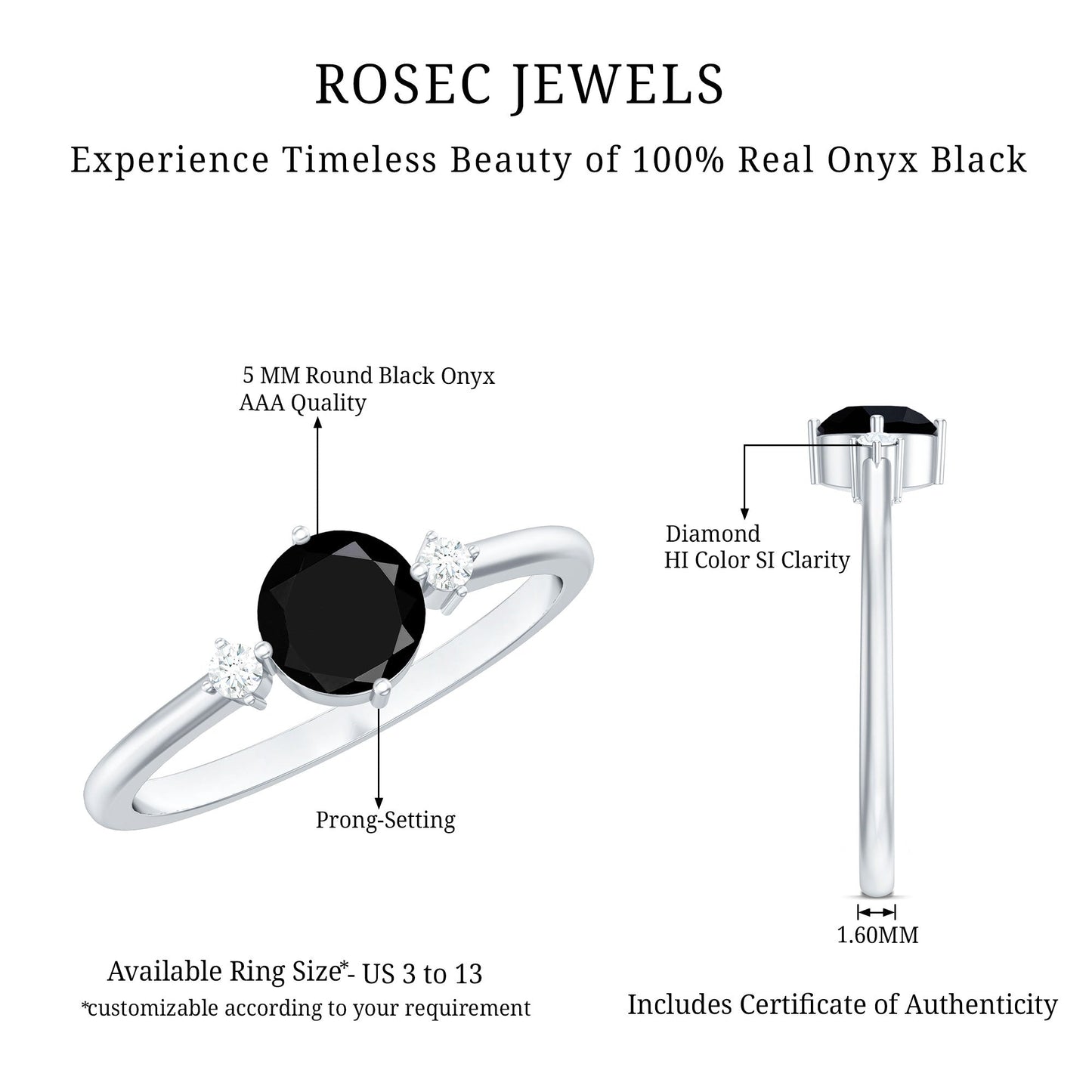 5mm Round Black Onyx Minimal Promise Ring with Diamond