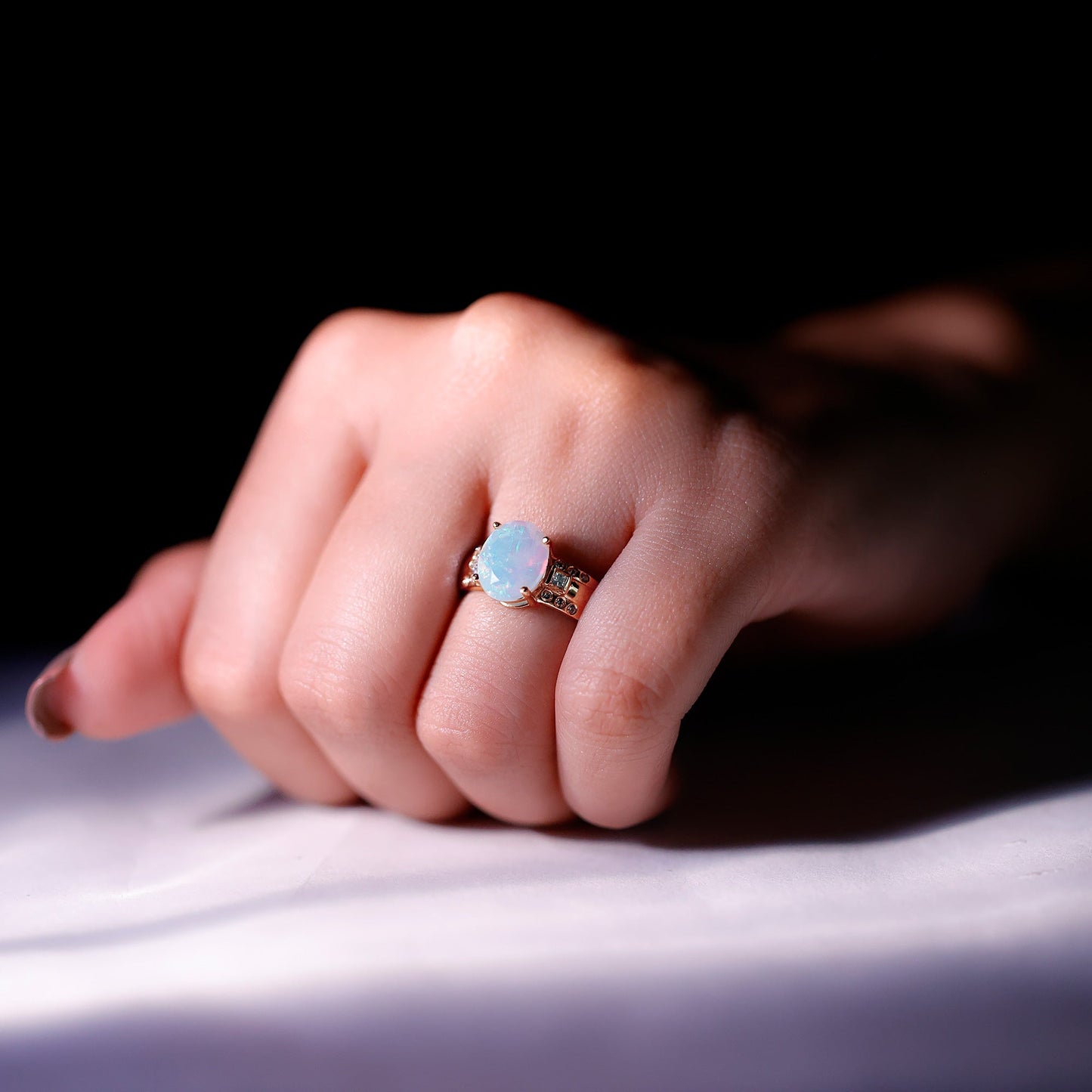Genuine 8X10 mm Ethiopian Opal Oblong Engagement Ring with Diamond