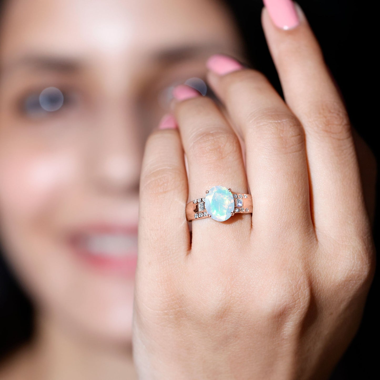 Genuine 8X10 mm Ethiopian Opal Oblong Engagement Ring with Diamond