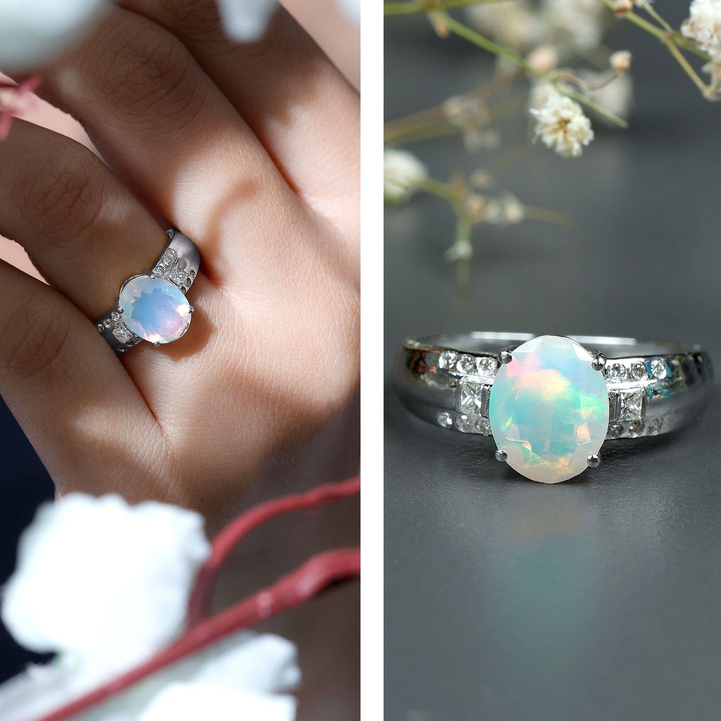 Genuine 8X10 mm Ethiopian Opal Oblong Engagement Ring with Diamond
