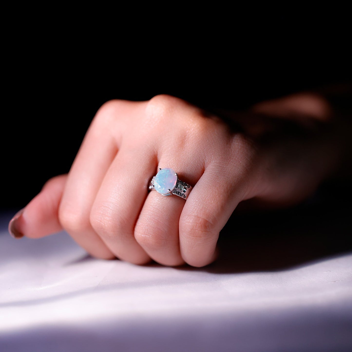 Genuine 8X10 mm Ethiopian Opal Oblong Engagement Ring with Diamond