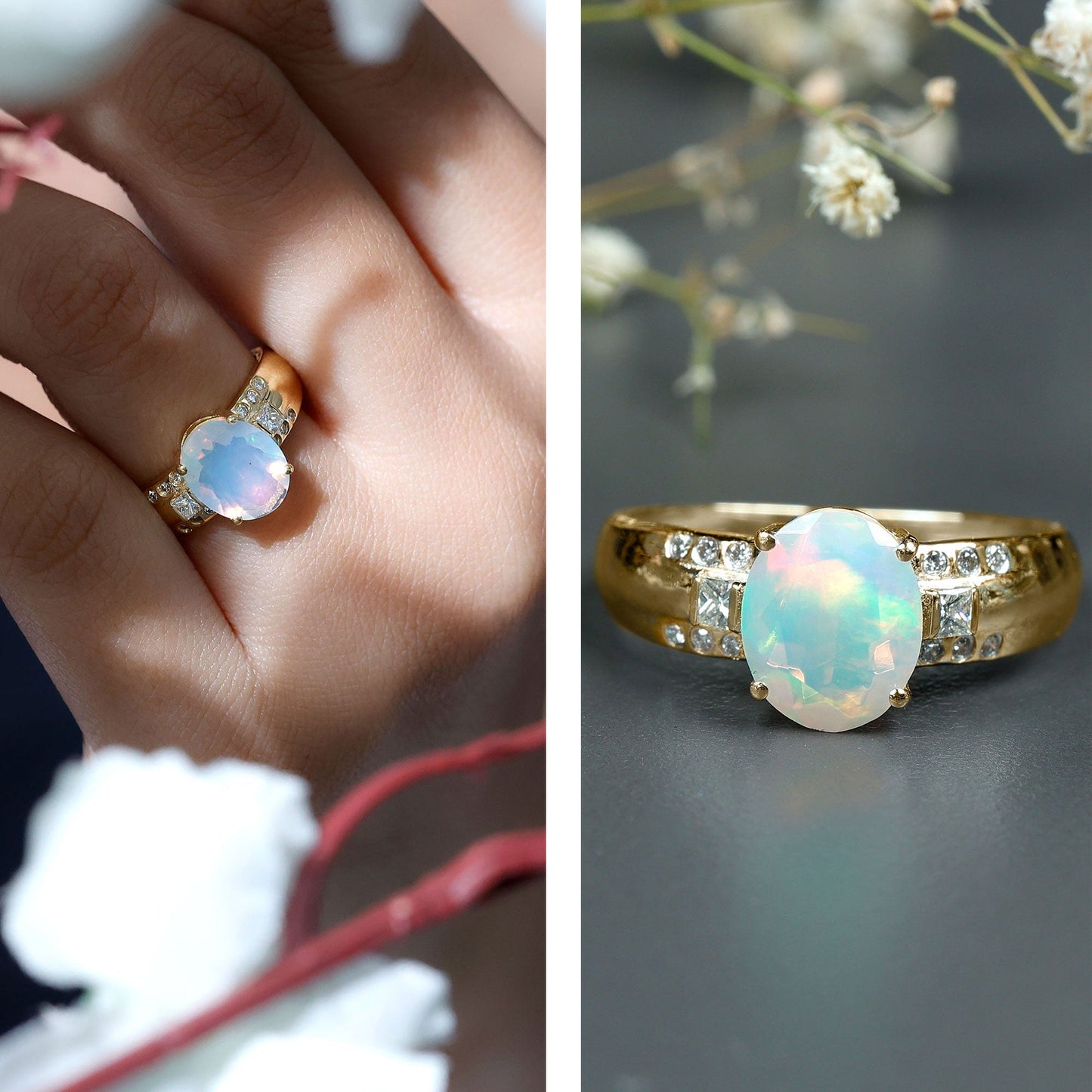 Genuine 8X10 mm Ethiopian Opal Oblong Engagement Ring with Diamond