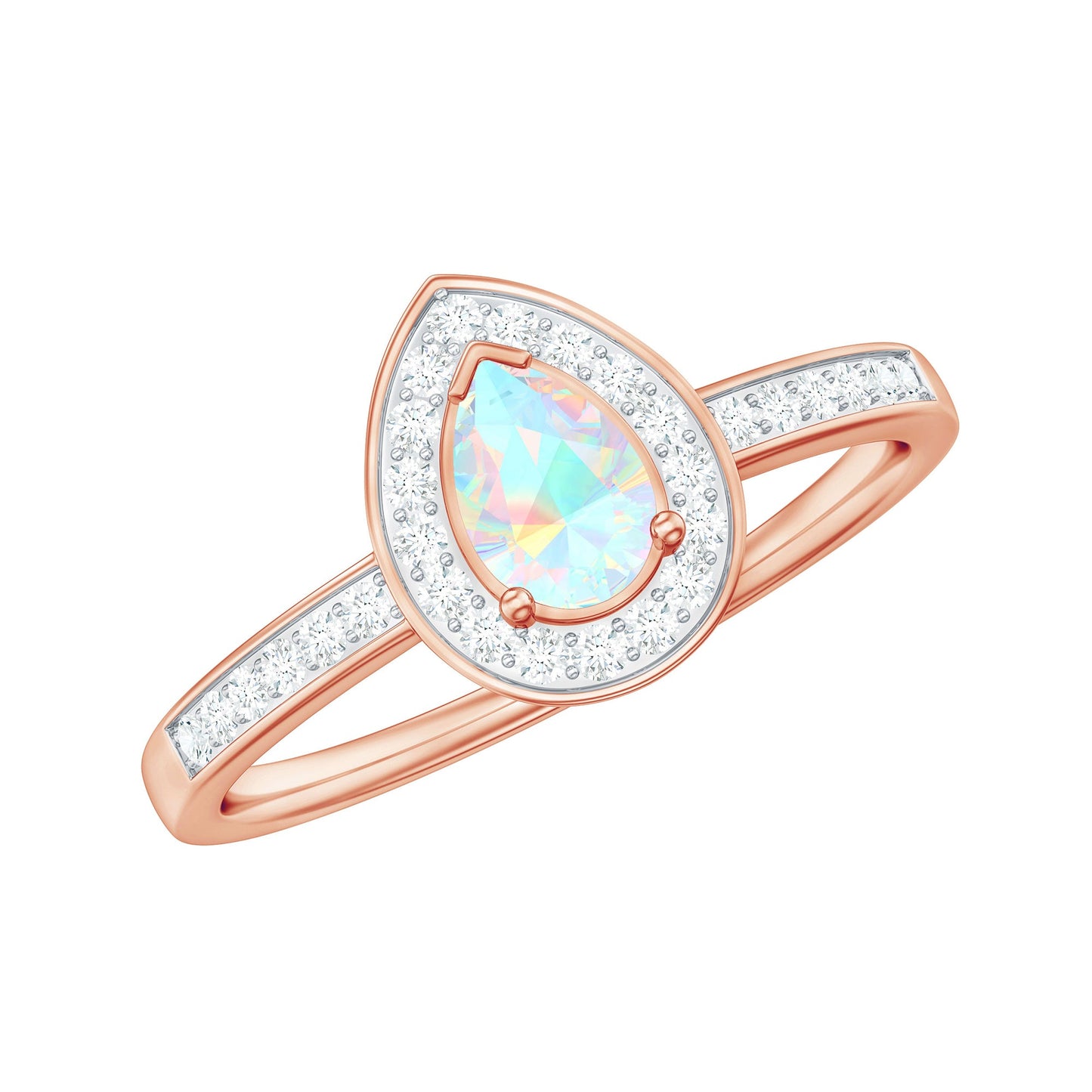 Natural 5X7mm Opalescent Teardrop Engagement Ring with Diamond Halo