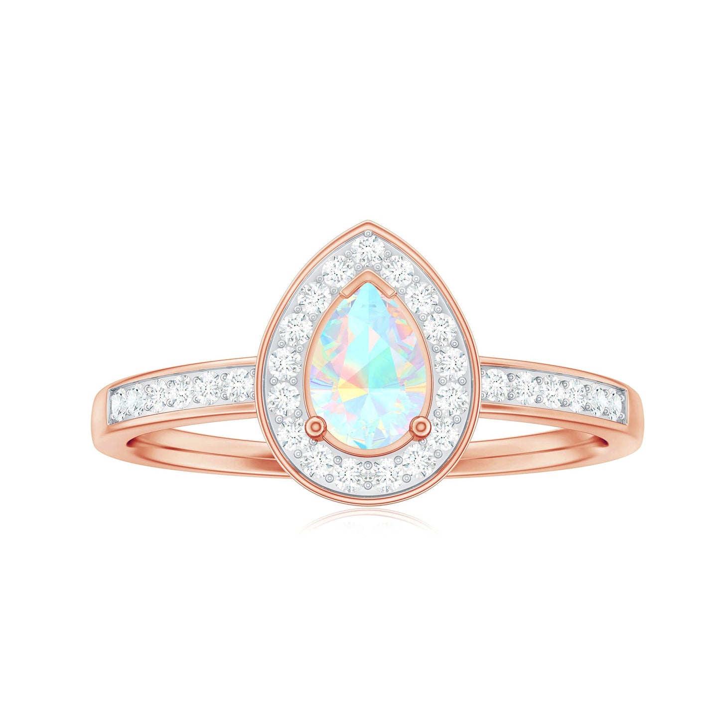 Natural 5X7mm Opalescent Teardrop Engagement Ring with Diamond Halo