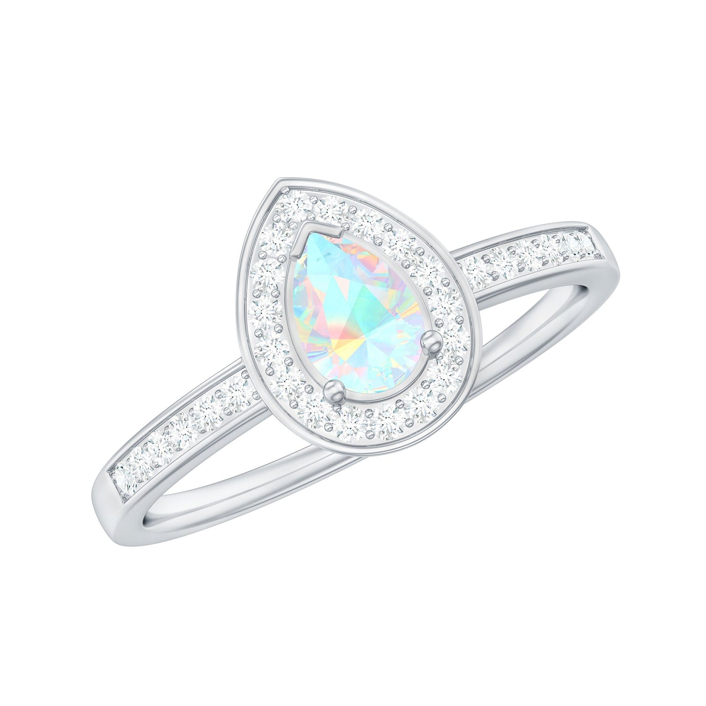 Natural 5X7mm Opalescent Teardrop Engagement Ring with Diamond Halo