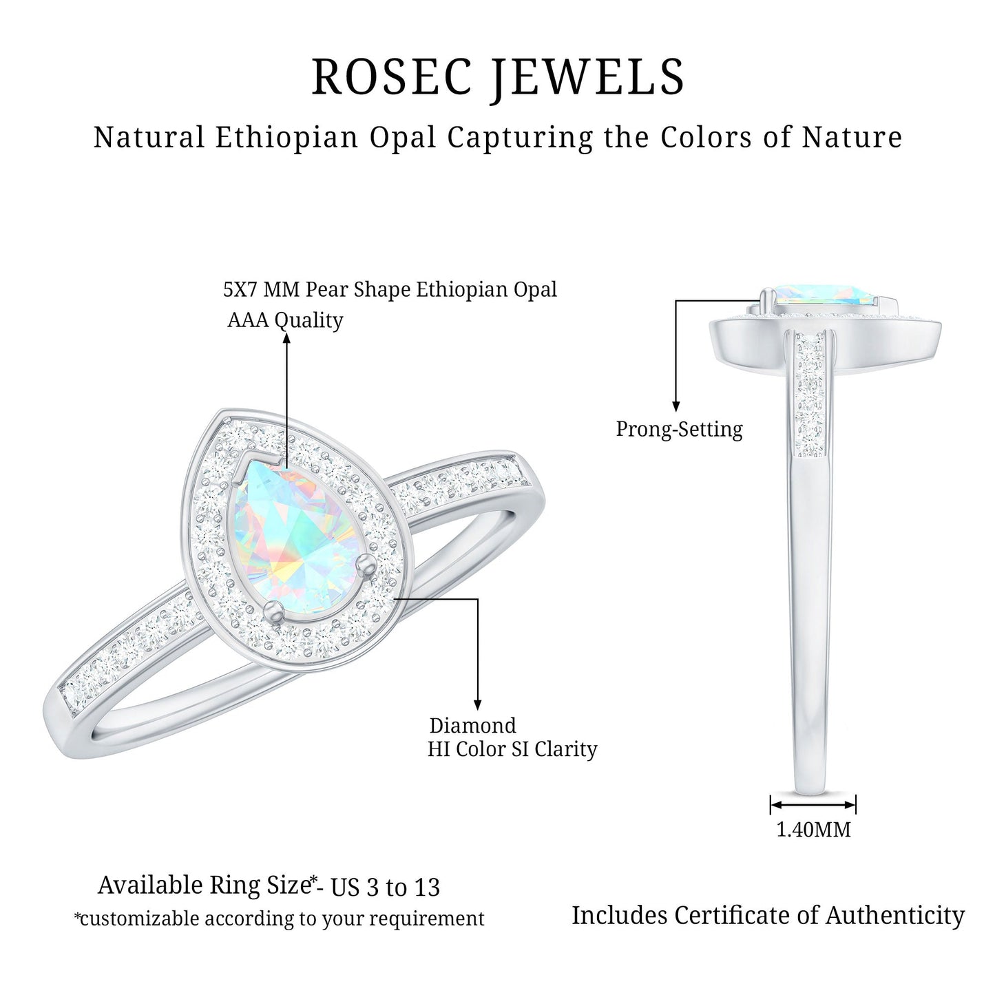 Natural 5X7mm Opalescent Teardrop Engagement Ring with Diamond Halo
