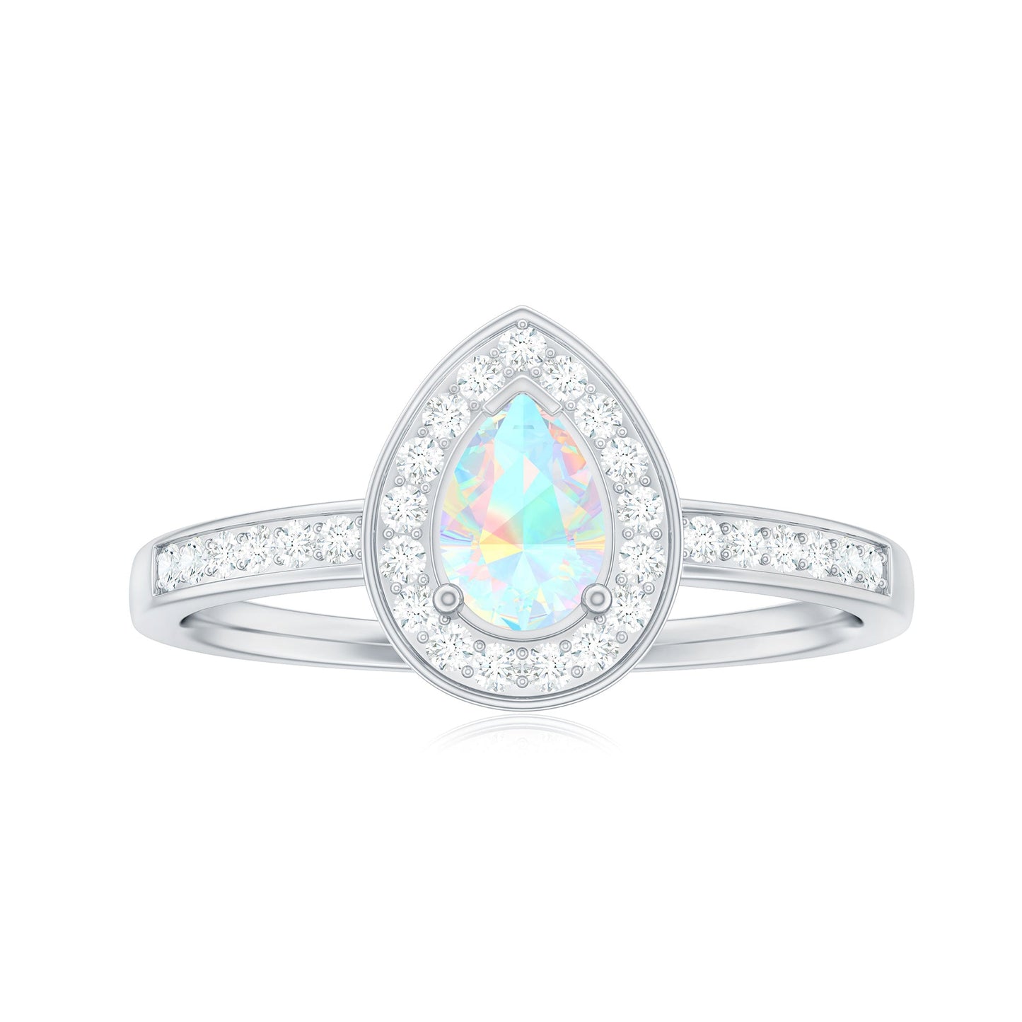 Natural 5X7mm Opalescent Teardrop Engagement Ring with Diamond Halo